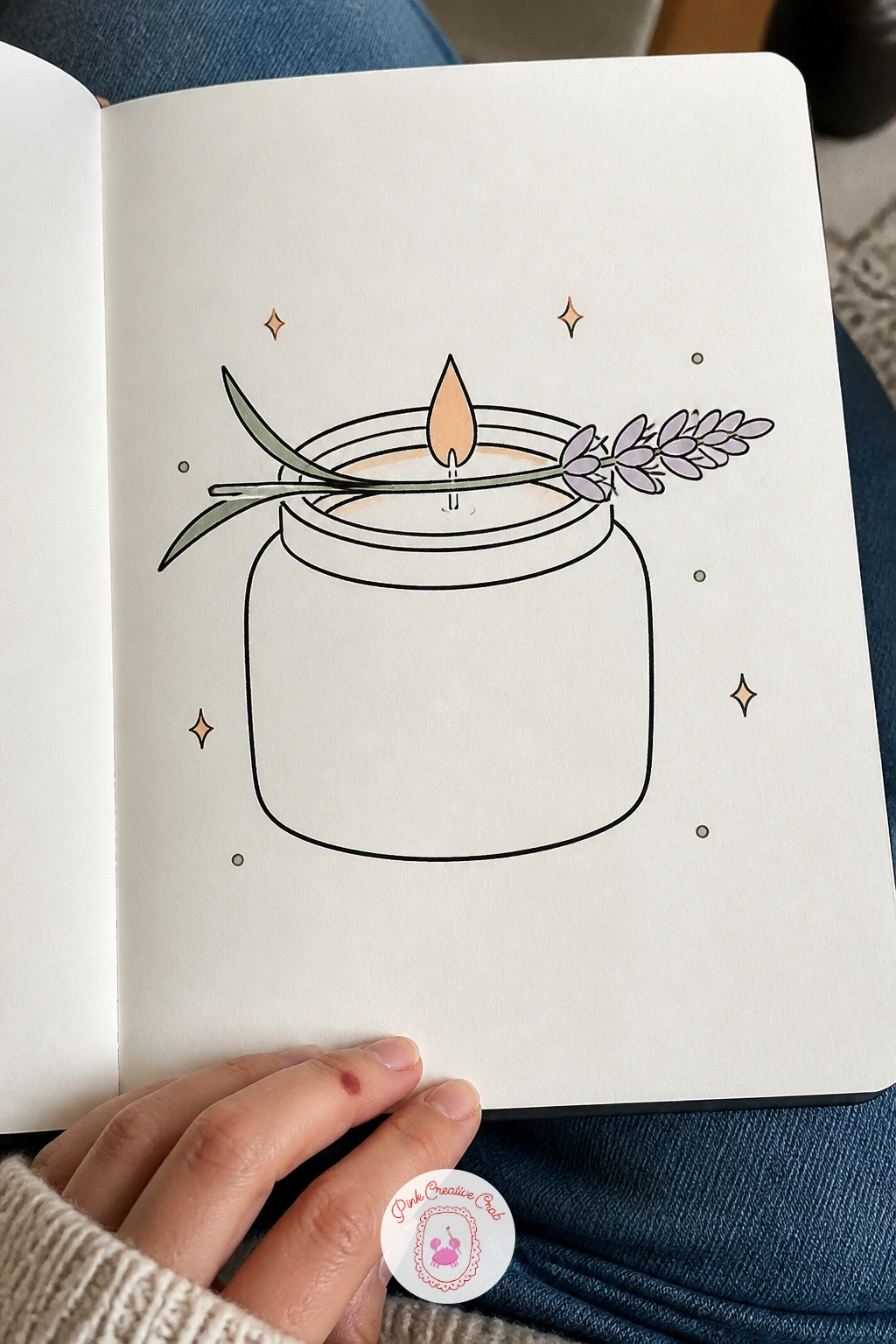 Scented Candle With A Lavender Sprig — Draw a simple jar candle body first, wider and shorter than a pillar, since most scented candles come in a stout glass