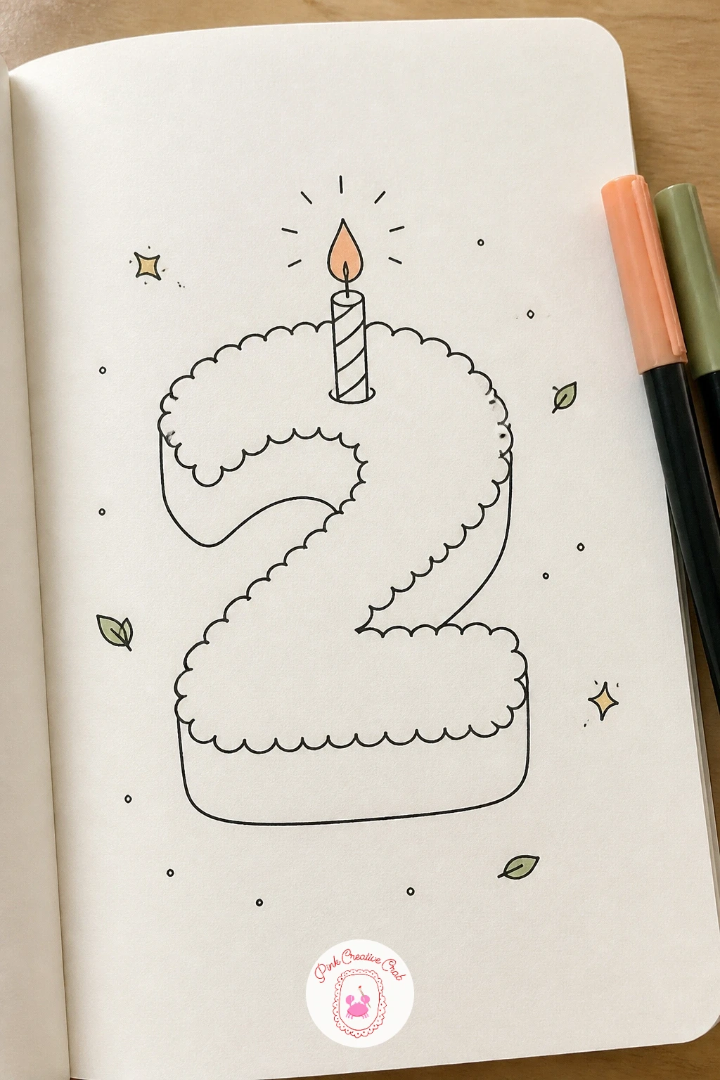 Candle On A Cake Shaped Like A Number — Choose a single digit and draw it first as the cake's whole silhouette, a thick rounded number rather than a round or