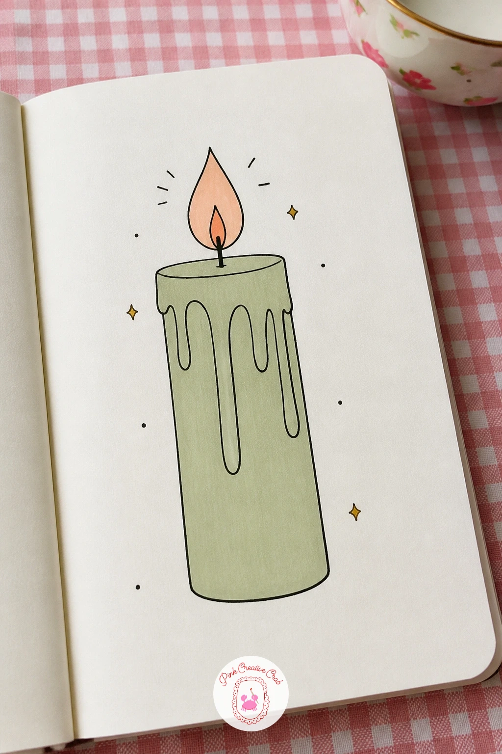 Pillar Candle With Drips — Draw a tall straight sided cylinder for the body, then commit to the drips as the main event rather than an afterthought. Candle