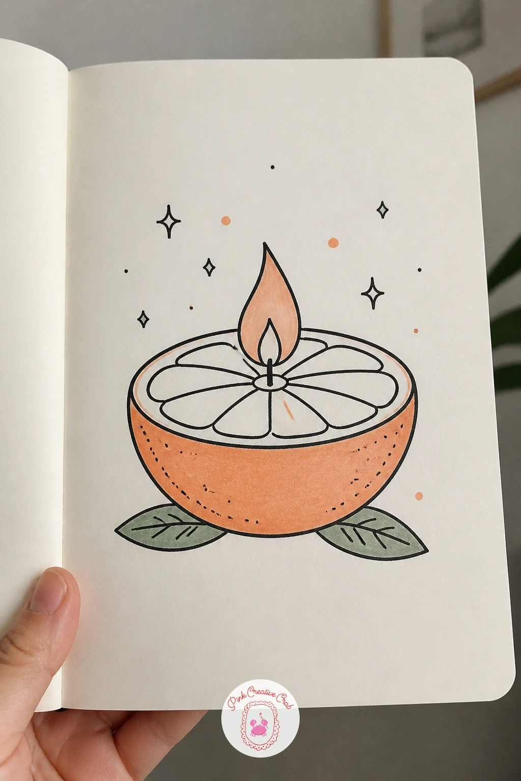 Candle Made From An Orange Peel — Draw a simple half orange shape first, a rounded dome with the inner flesh visible as a few curved segment lines, since this