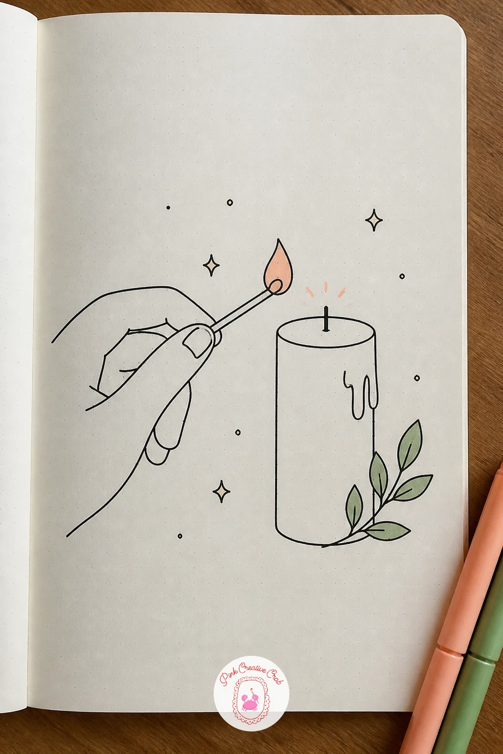 Candle Being Lit With A Match — Draw the candle and its unlit wick first, a plain short cylinder with a small dark wick tip and no flame yet. Candle doodle