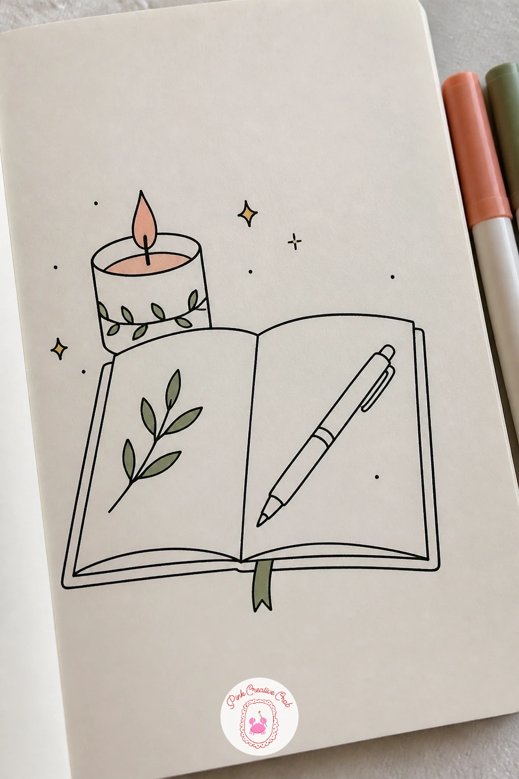 Candle Beside A Journal And Pen — Draw the journal first as a simple rectangle with a thin spine line down one side, laid flat as if open on a desk, then add a
