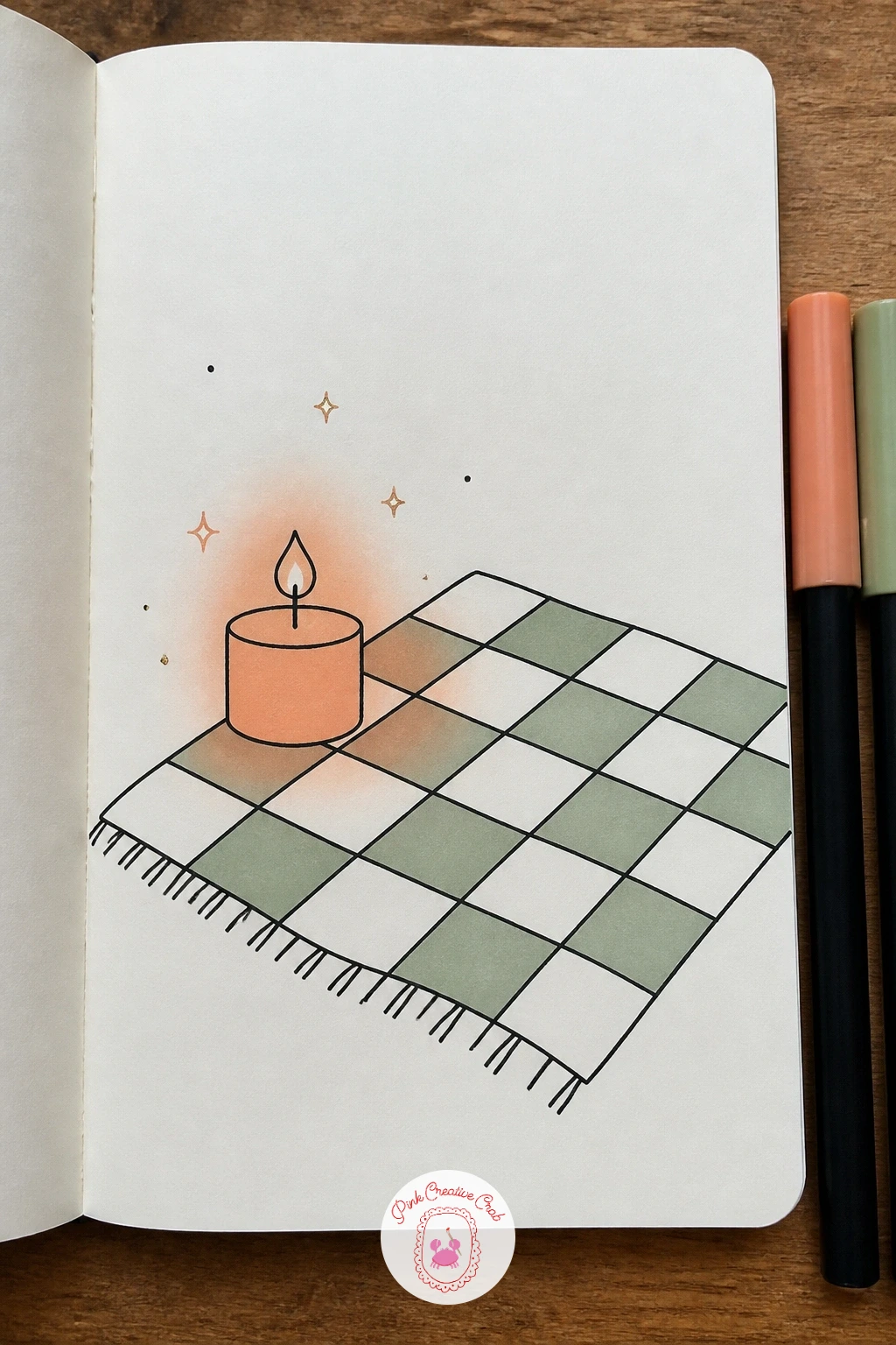 Candle On A Picnic Blanket At Dusk — Draw a simple checked blanket first, a loose square or rectangle with a light grid of crossing lines rather than a