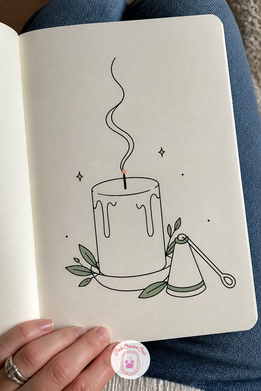 Candle Snuffer And A Smoking Wick — Draw the just extinguished candle first, a plain pillar with the flame already gone, leaving only a small dark wick tip.