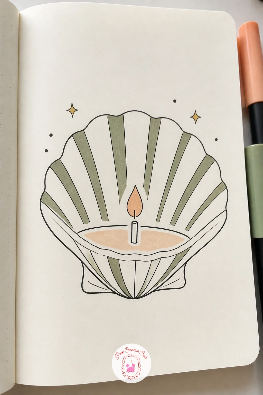 Candle In A Seashell — Draw a simple scallop shell first, a fanned half circle with several ridged lines radiating out from a central point near the hinge.