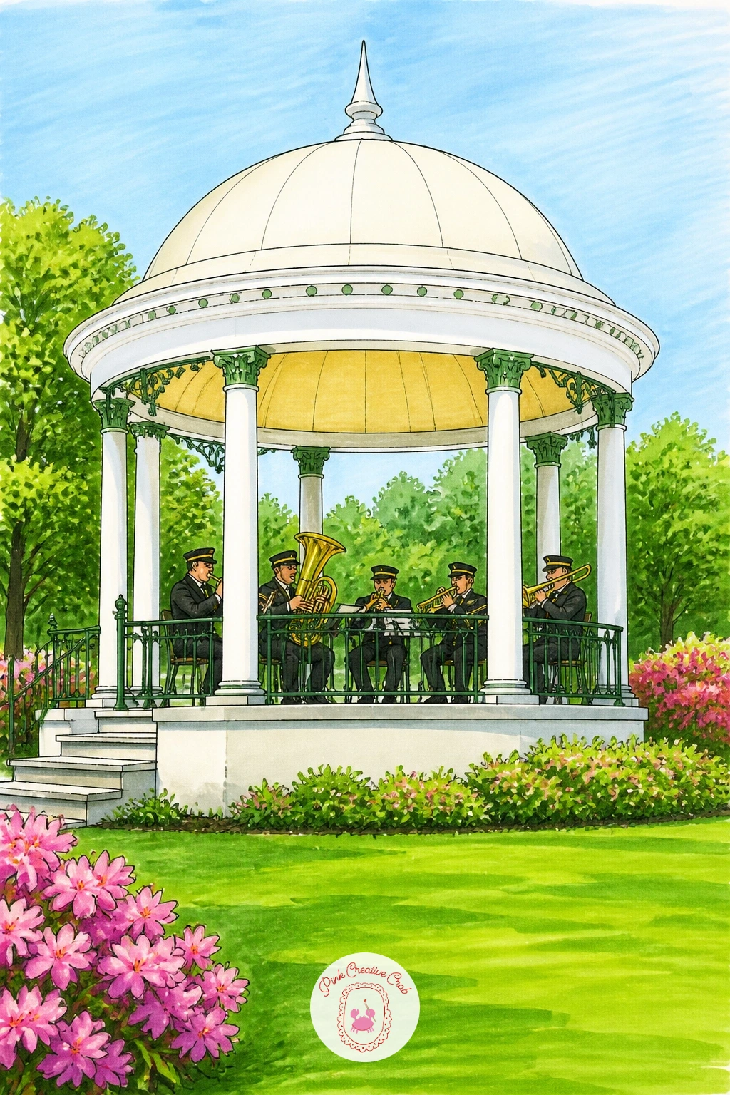Bandstand With Brass Band — Start the bandstand as a simple domed roof on thin posts, drawn with the fineliner before any color touches the page. Park drawing