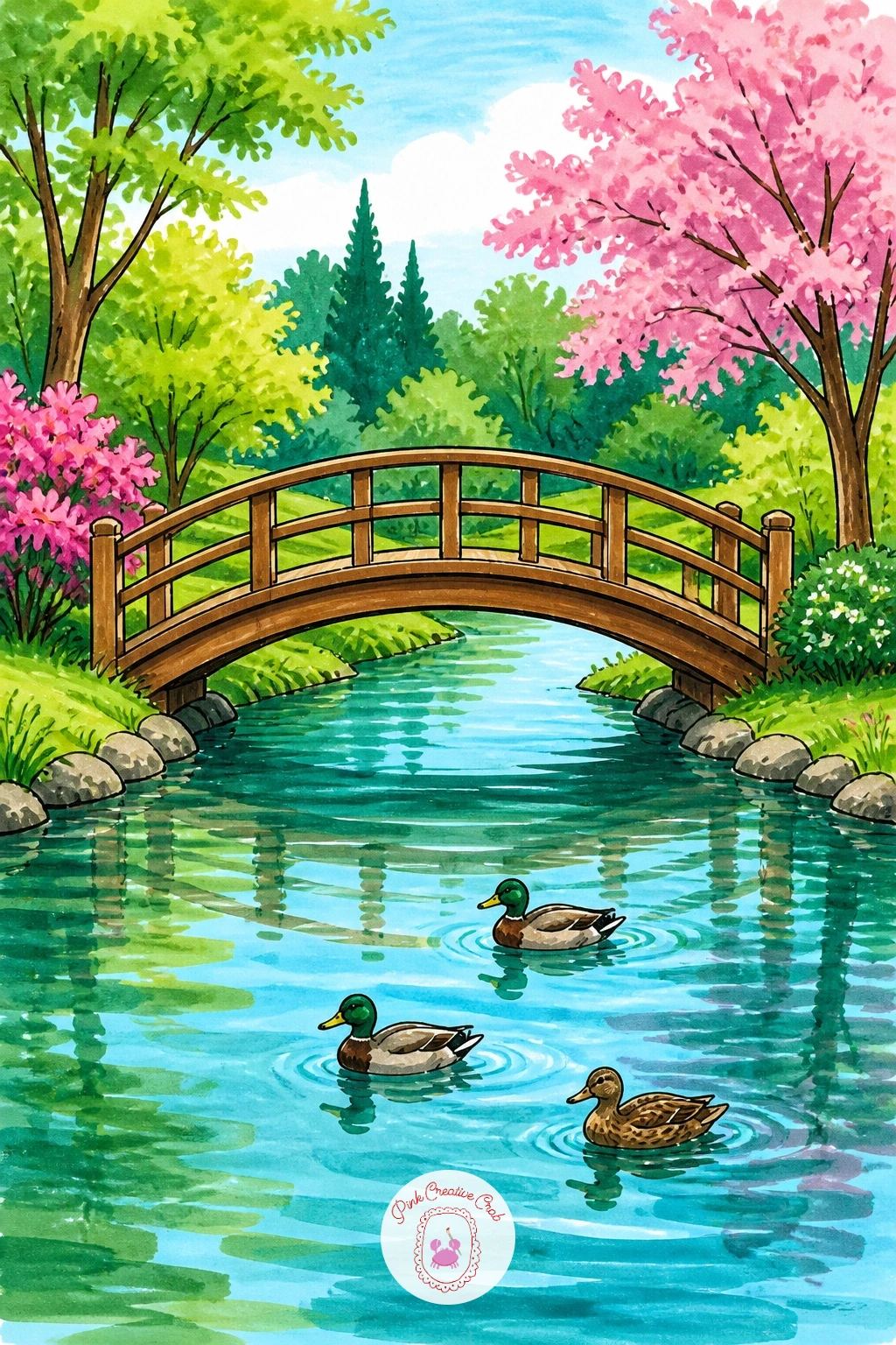 Duck Pond With Little Bridge — Duck pond drawing works best when you settle the horizon line first, low on the page, so the water and sky both have room to