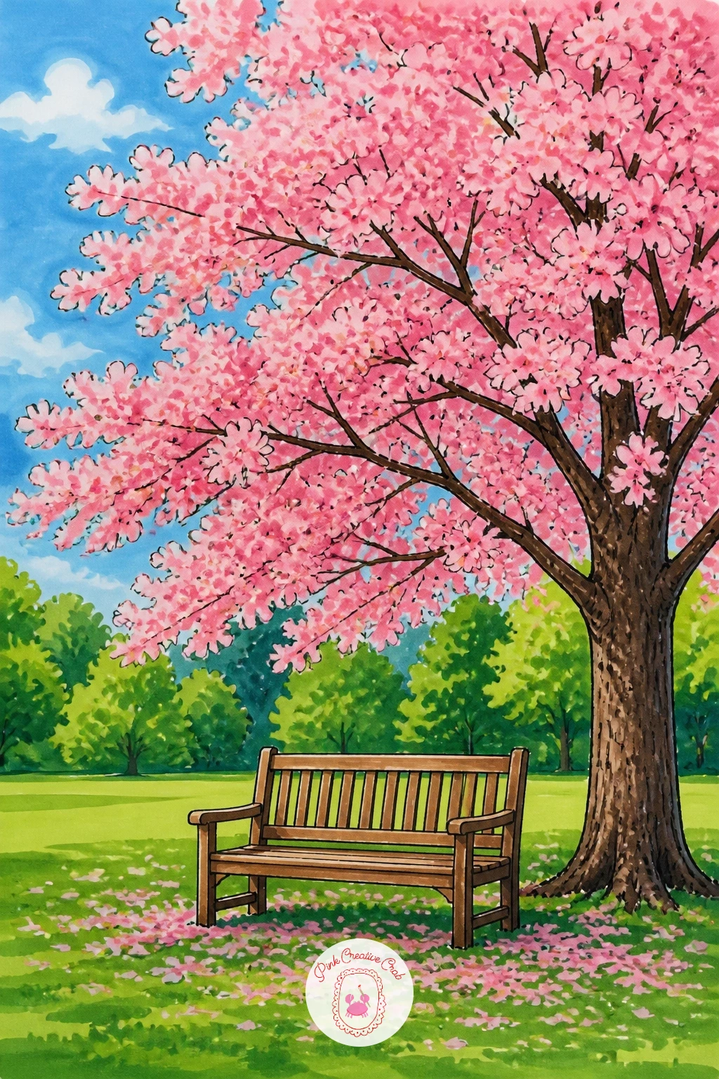 Park Bench Under A Blossoming Tree — Following on from the pond, settle the eye a little closer to ground level for this one: draw the bench low in the frame
