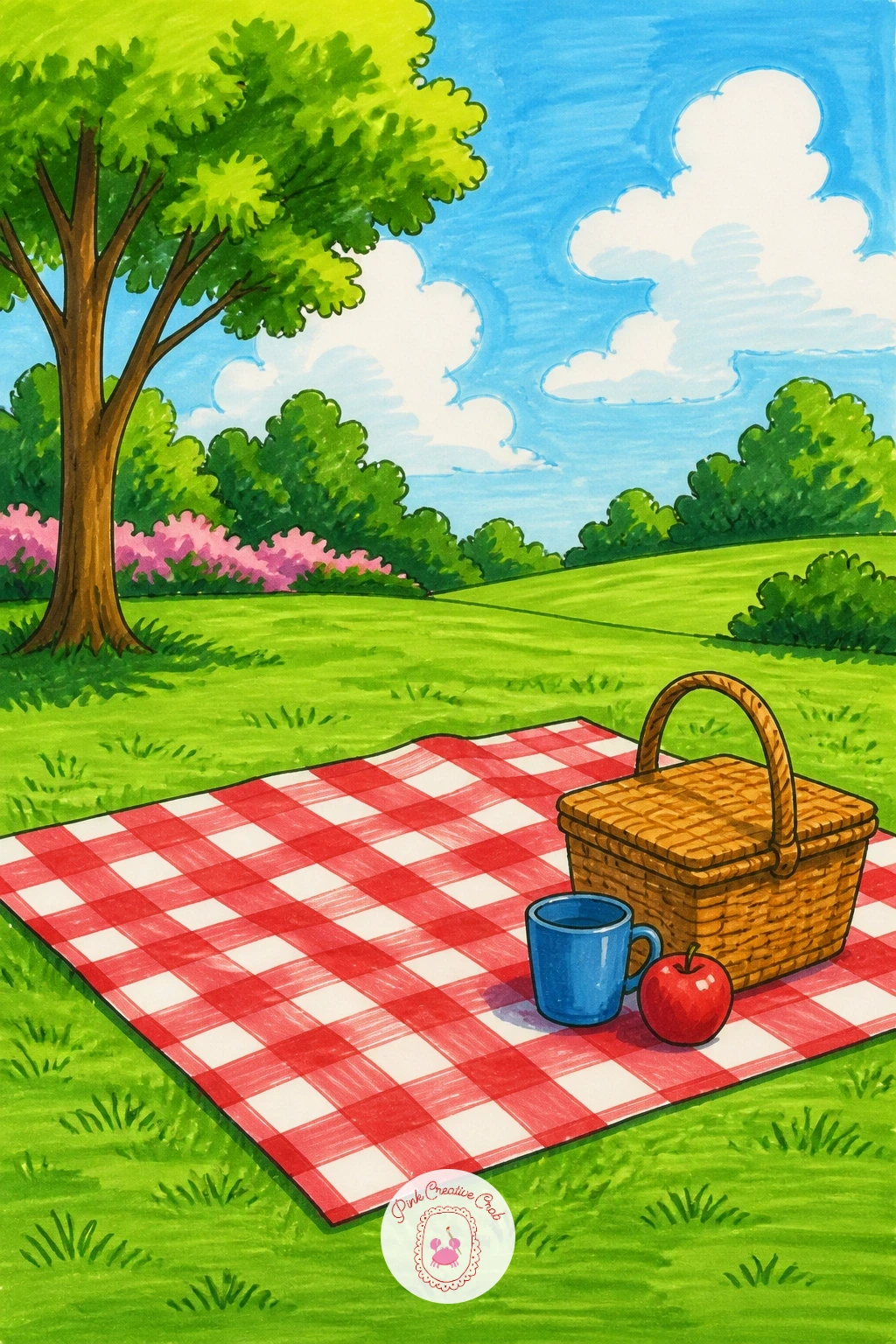 Picnic Blanket With Basket On The Lawn — Picnic scenes live or die on the blanket pattern, so draw the blanket first as a simple rectangle laid at a slight