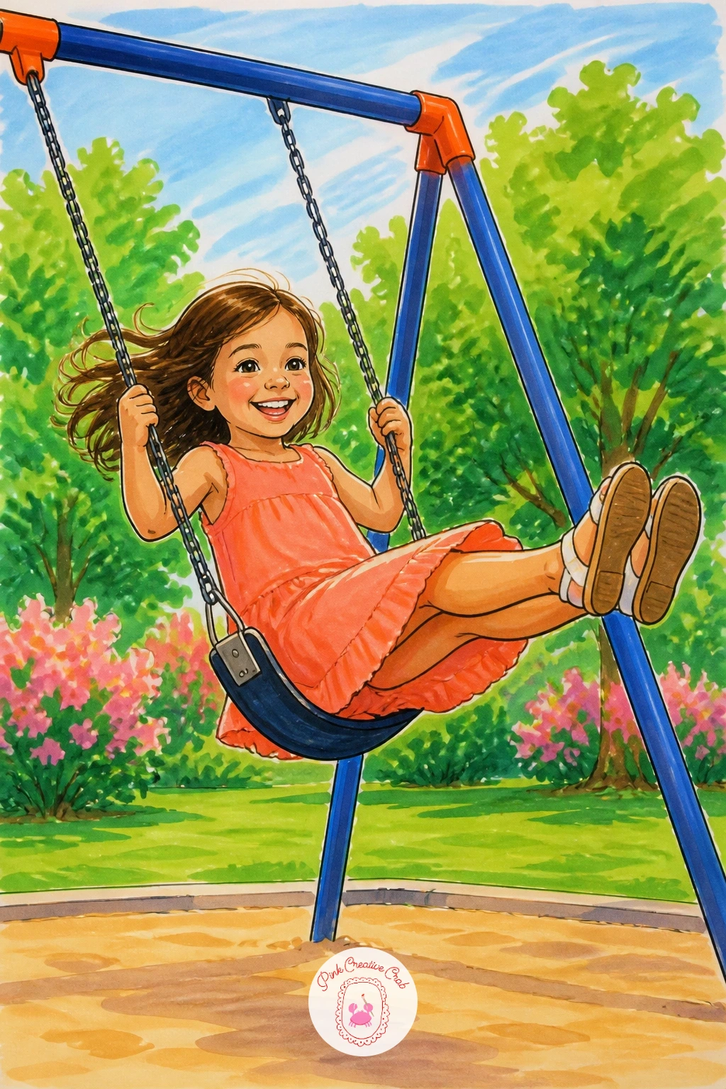 Girl On A Swing In A Playground — A girl on a swing is mostly about the angle of the chains, so draw them first as two long lines meeting a simple frame bar