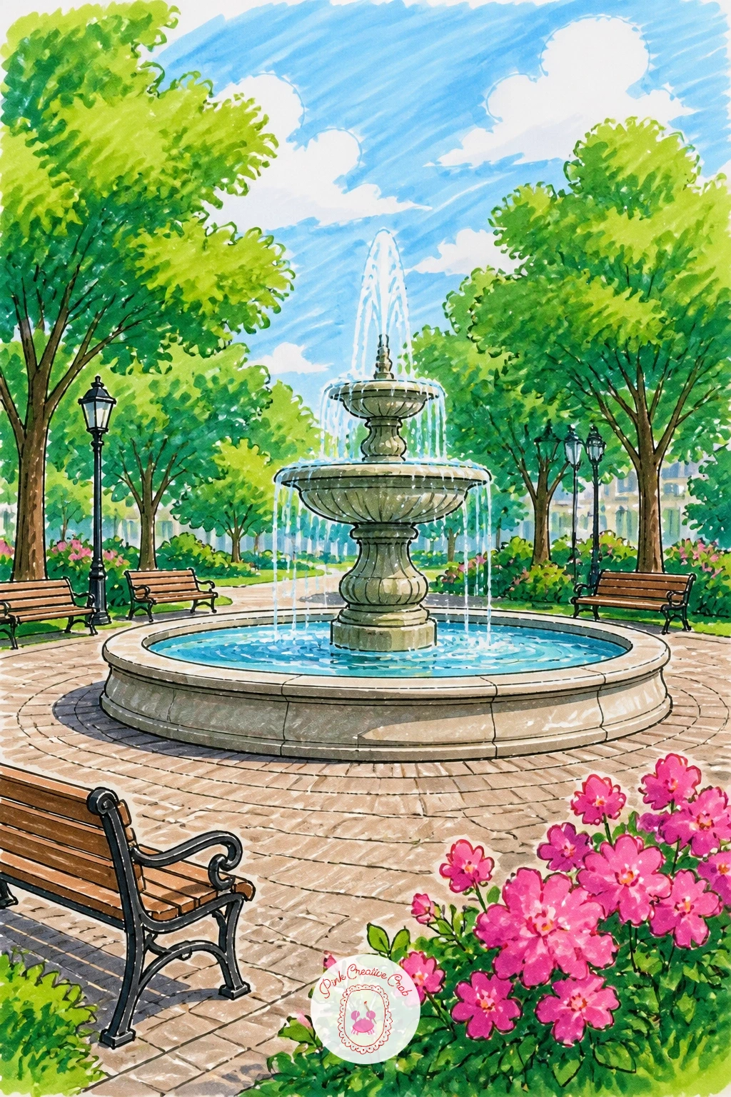 Fountain In The Middle Of A Park Square — Center the fountain exactly in the middle of the page for this one, since a square's whole design usually radiates