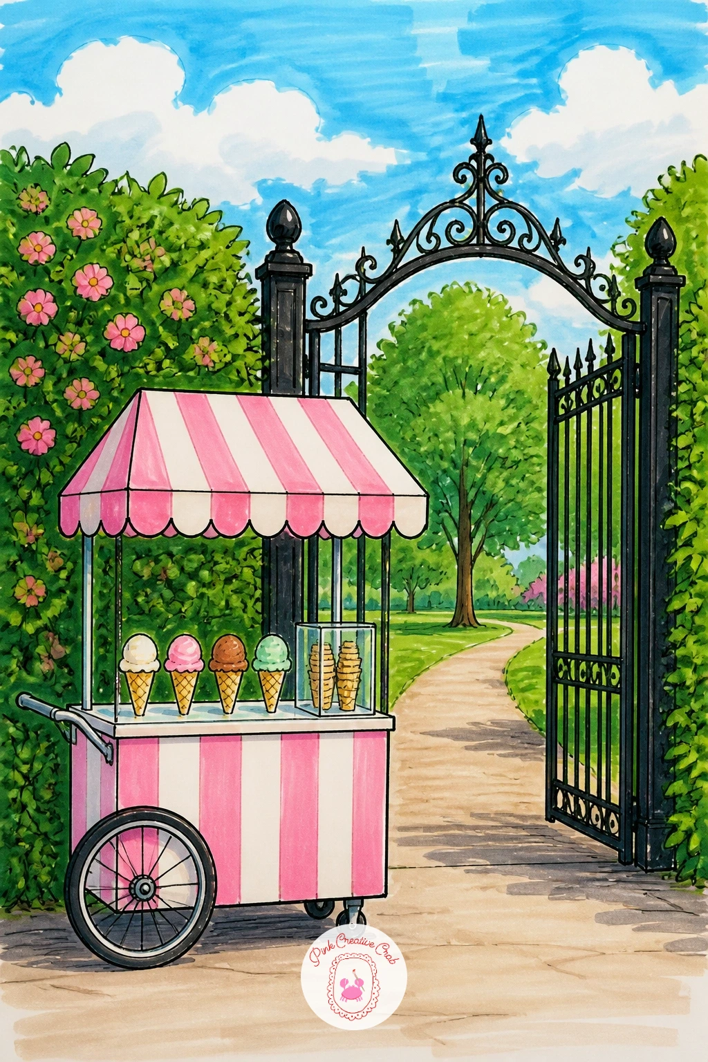 Ice Cream Cart By A Park Gate — An ice cream cart gives you a fun small object to anchor a bigger scene: draw its box shape first, a simple rectangle on two