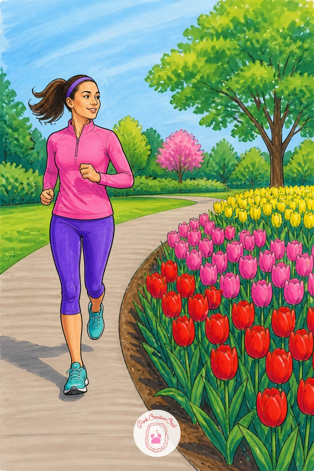 Jogger Passing Tulip Beds — Keep the jogger simple and dynamic: a forward-leaning torso, bent arms, one leg stretched back and one forward, which reads as