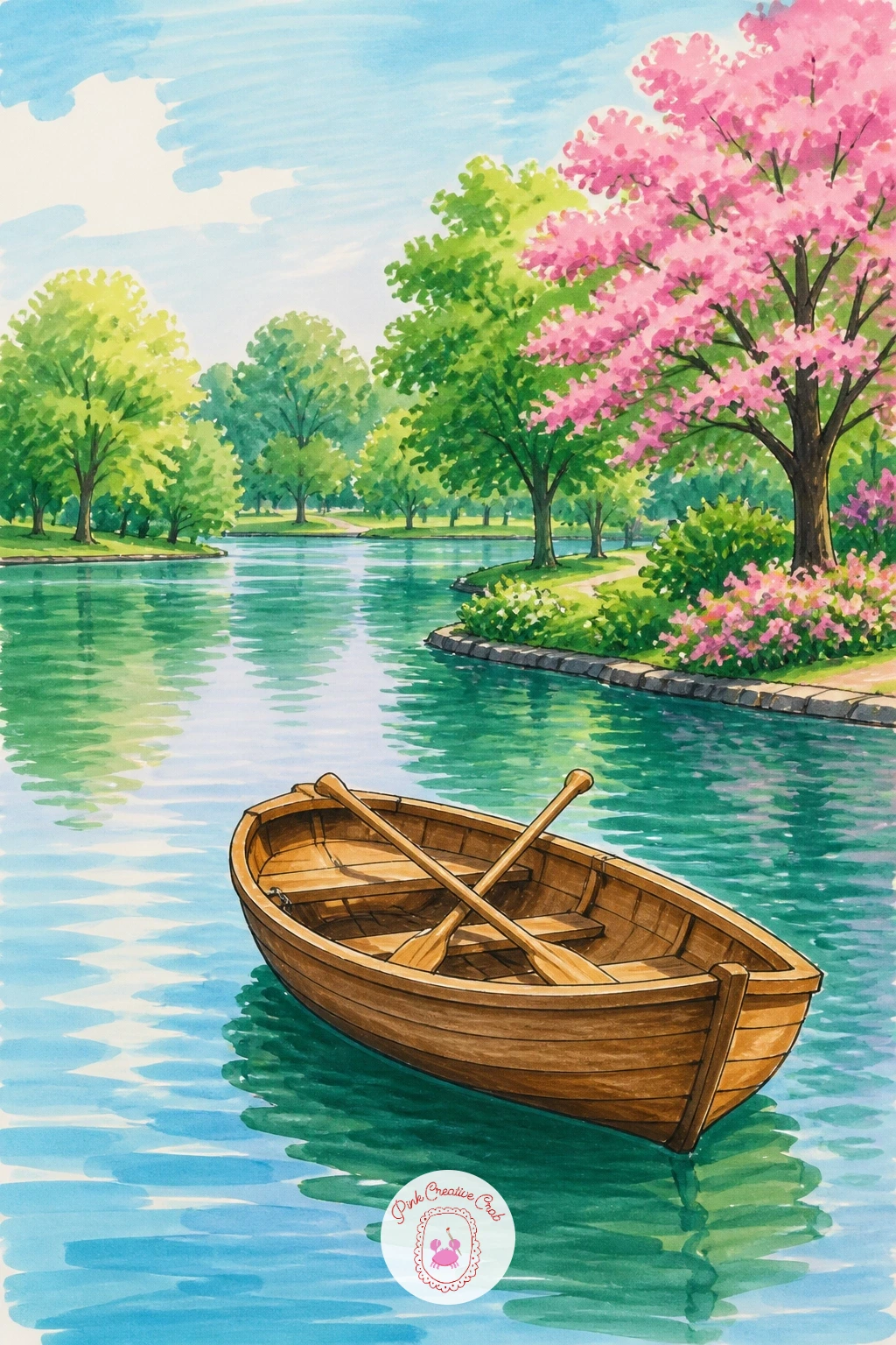 Rowboat On A Park Lake — Settle the boat gently at an angle across the water rather than straight on, since a rowboat drawn head on loses its whole curved