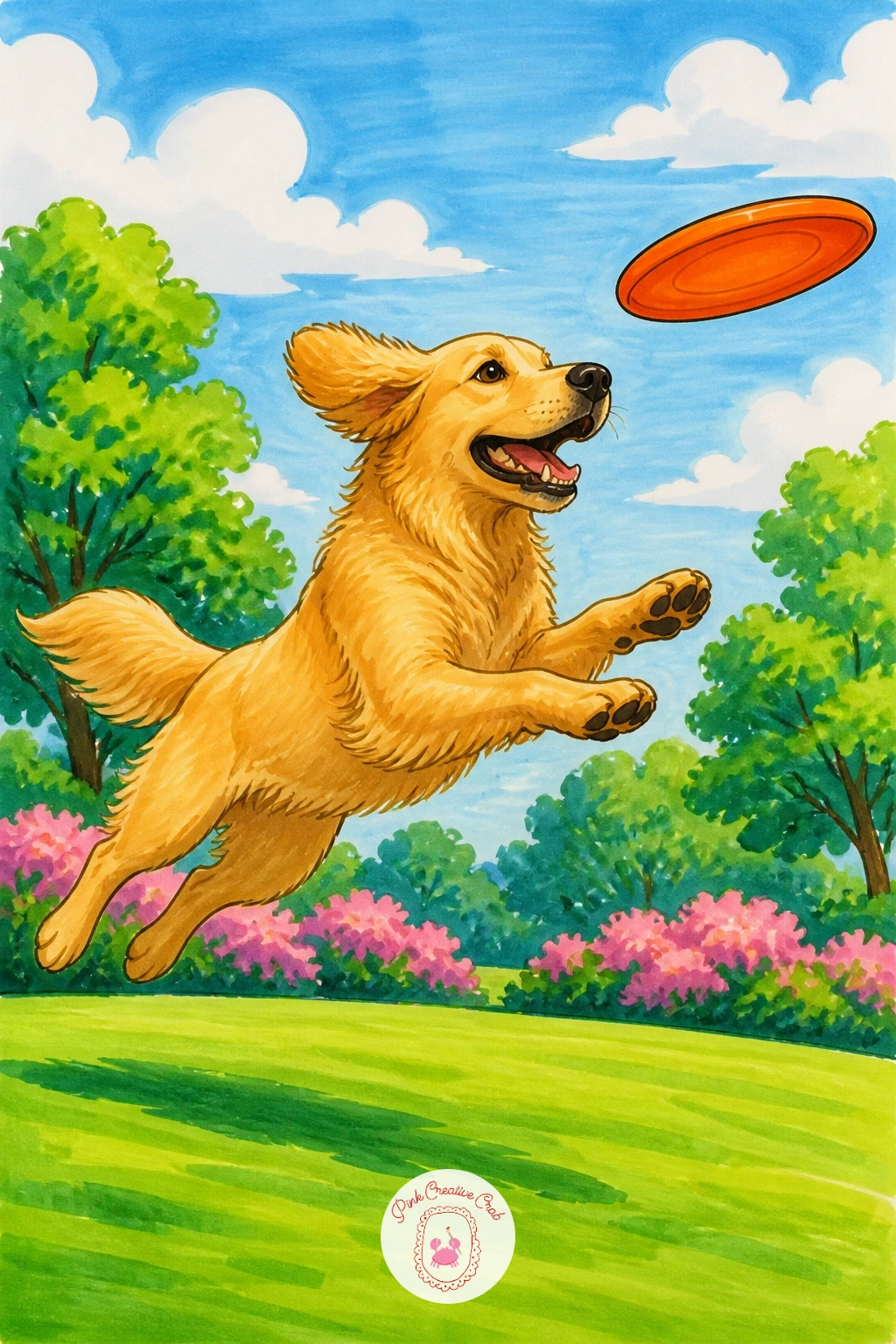 Dog Chasing A Frisbee — Catch the dog mid leap for the most energy: draw the body stretched long and low, front paws reaching forward, back legs trailing