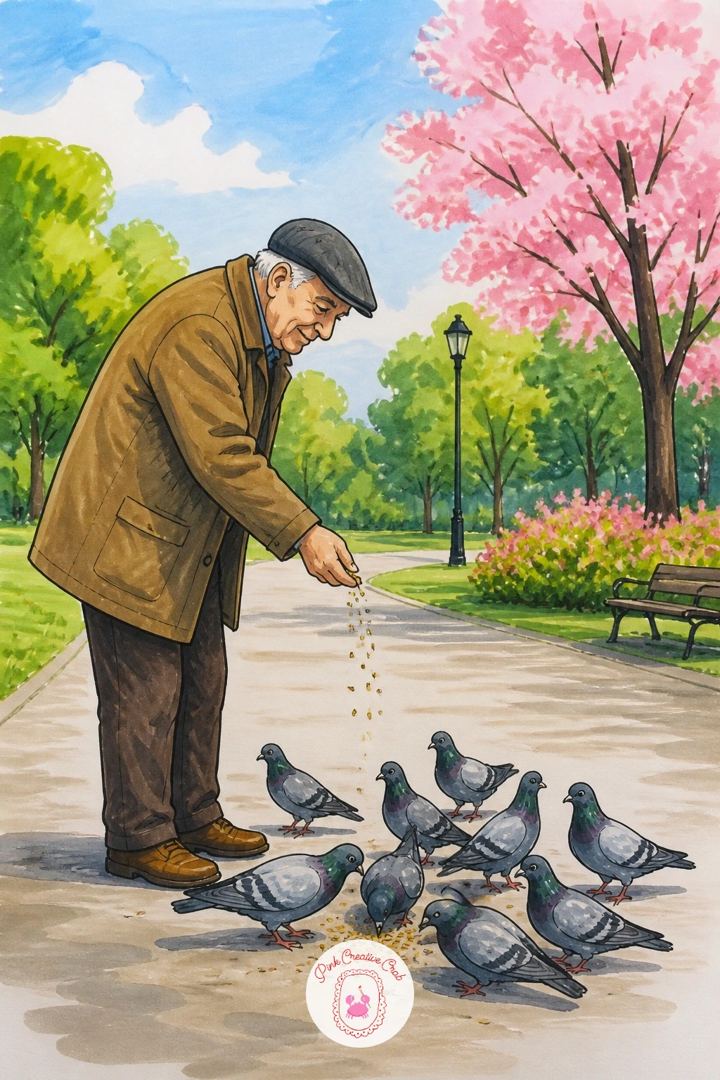 Old Man Feeding Pigeons — Build the old man as a simple seated or standing figure first, rounded shoulders, a cap or hat, one arm extended with a scattering