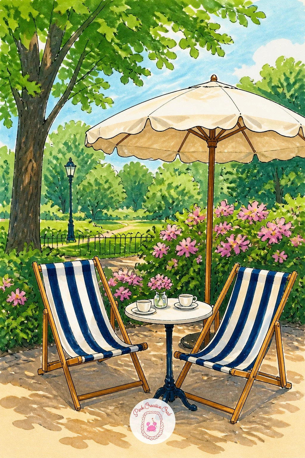 Park Cafe With Striped Deck Chairs — Line up two or three deck chairs at a gentle angle rather than straight on, which gives the scene depth without needing