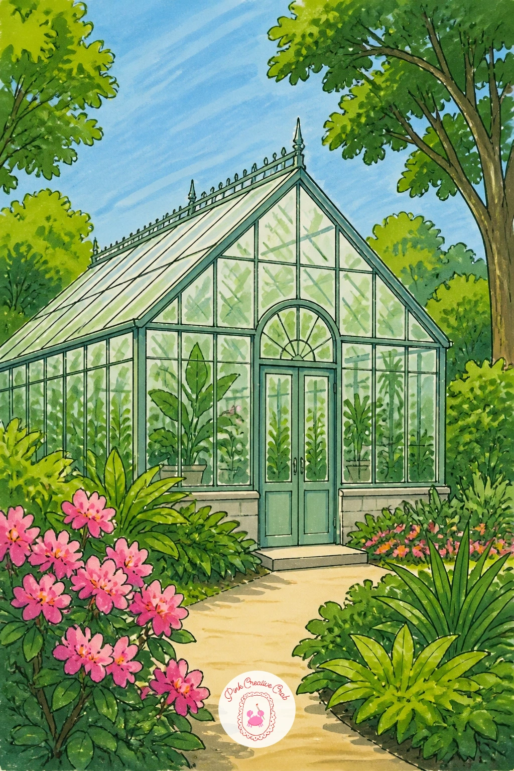 Greenhouse In A Botanical Park — A greenhouse is mostly geometry, so block it in lightly first with a ruler if you have one: a simple peaked roof over a