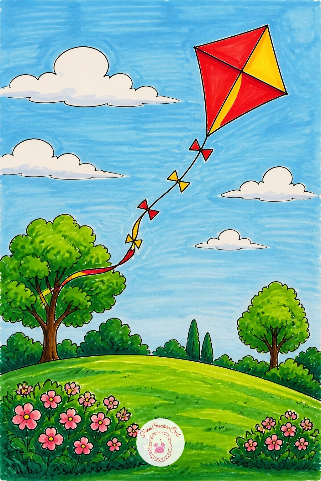 Kite Flying Over A Hill In The Park — Place the hill low across the bottom third of the page so the kite and sky have plenty of room above it. Park drawing