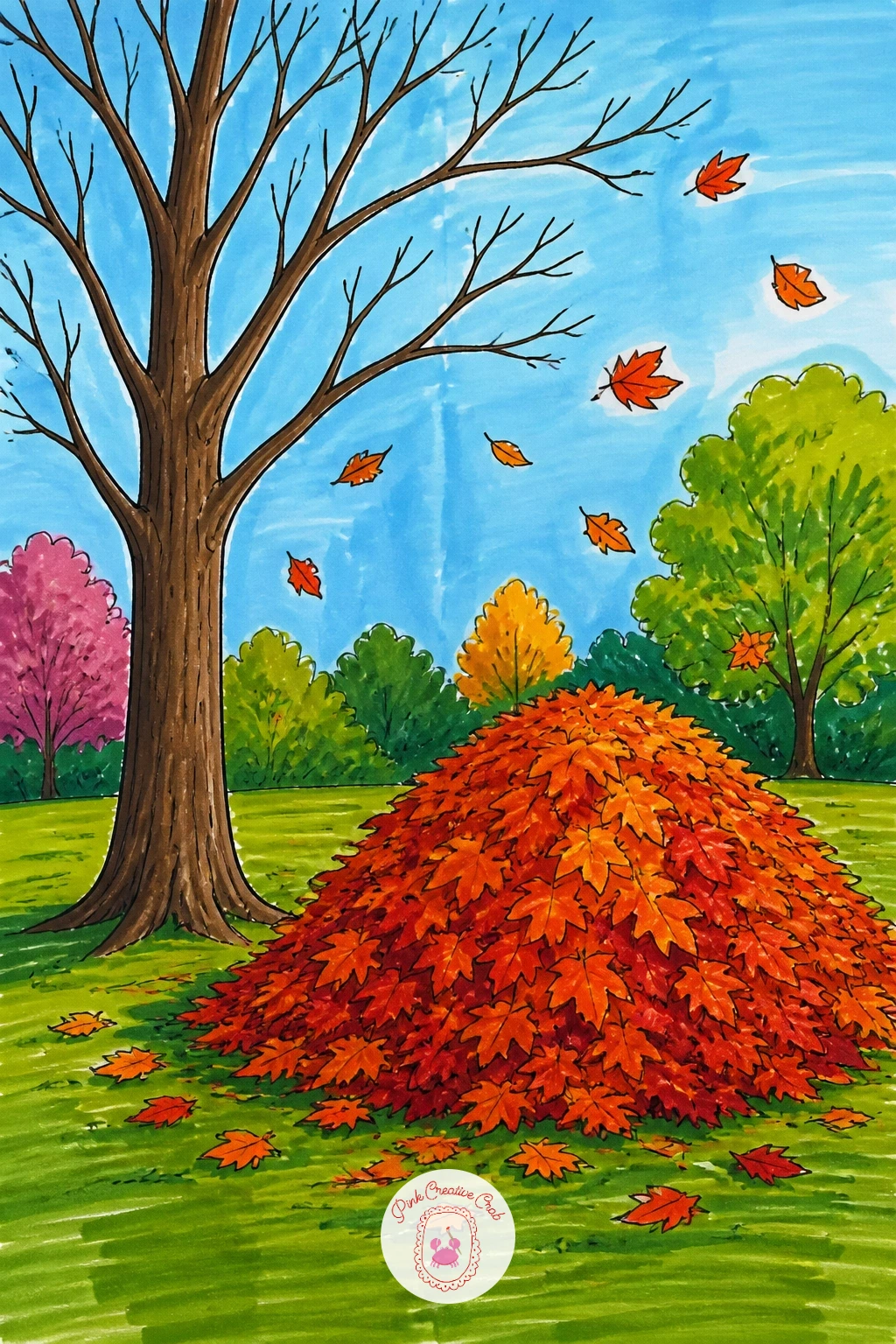 Park In Autumn With A Leaf Pile — Following the kite's open sky, bring the season down to earth here: draw a bare or half-bare tree first, trunk and a few main