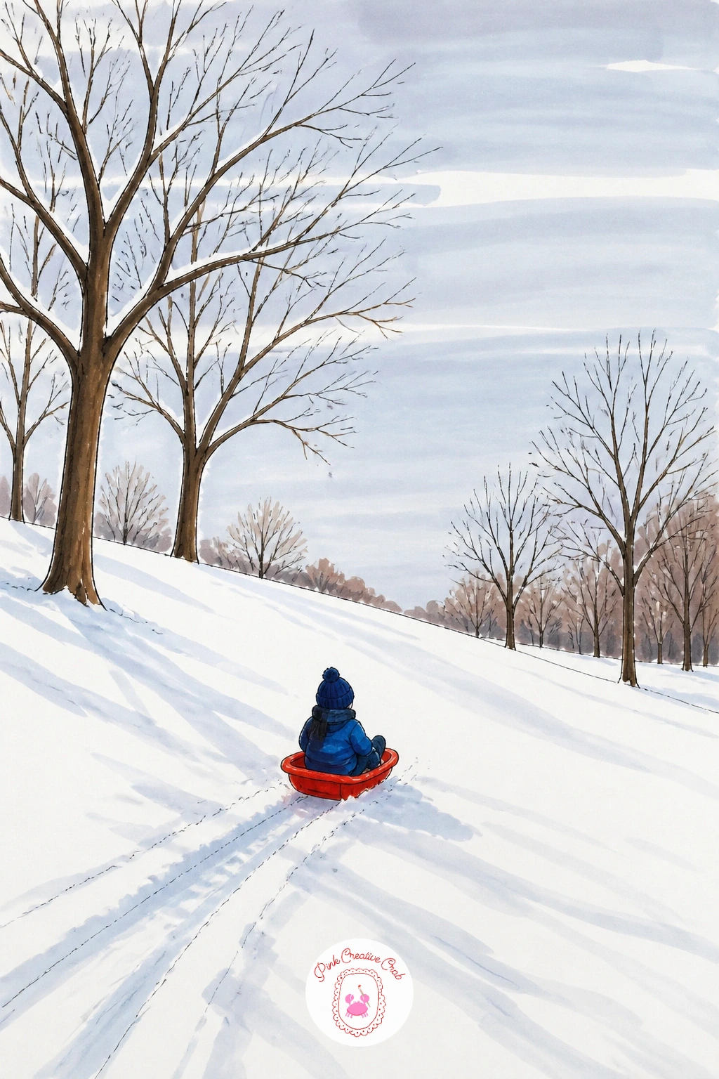 Park In The Snow With A Sled — Leave most of the page untouched white paper for the snow itself, which is the fastest way to make a scene feel properly cold.