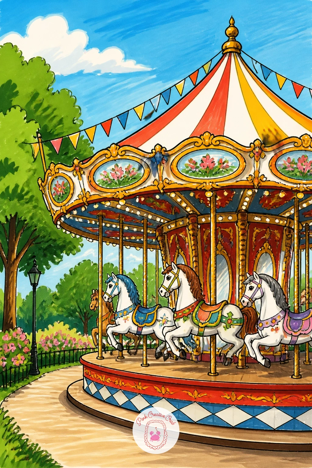 Carousel At The Edge Of The Park — Carousels reward a little planning, so sketch the central pole first, dead center on the page, then the roof as a shallow