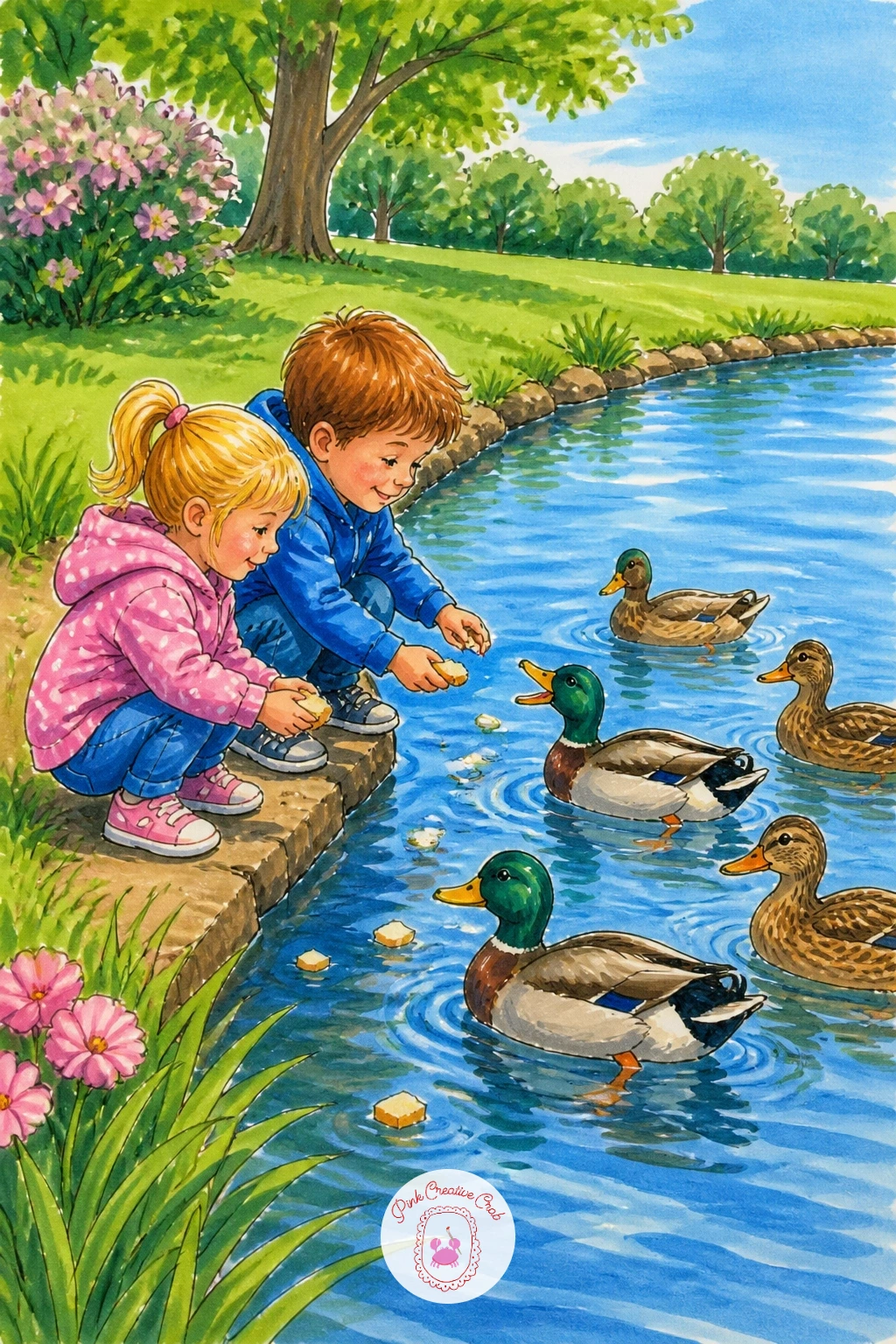 Children Feeding Ducks — Group two small figures at the pond's edge first, simple rounded bodies and bent arms reaching forward with bread in hand. Park drawing