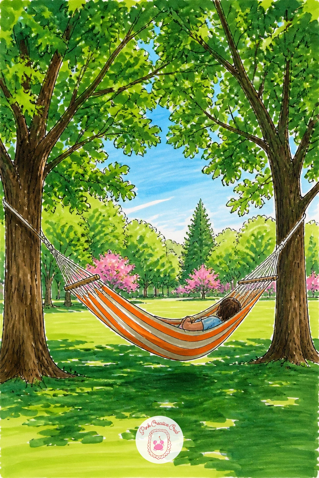 Hammock Between Two Park Trees — Draw the two trees first, trunks planted a comfortable distance apart on the page, then stretch the hammock between them as a