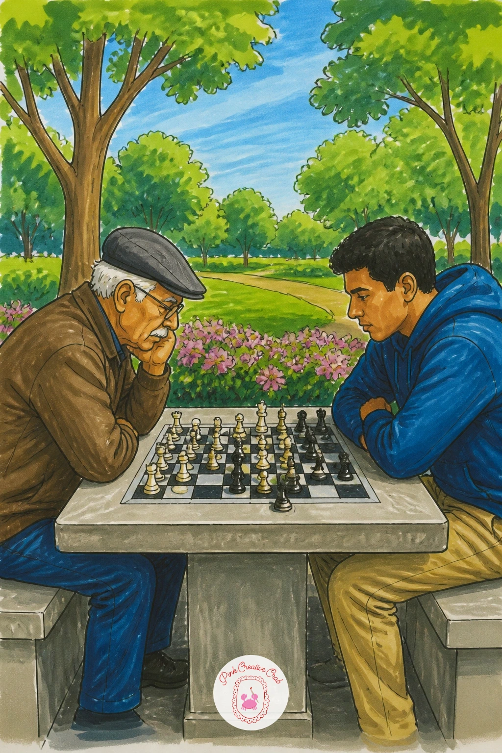 Outdoor Chess Table In A Park — Center the chess table and draw its checkered top first using a light grid of equal squares, since an uneven grid is the one