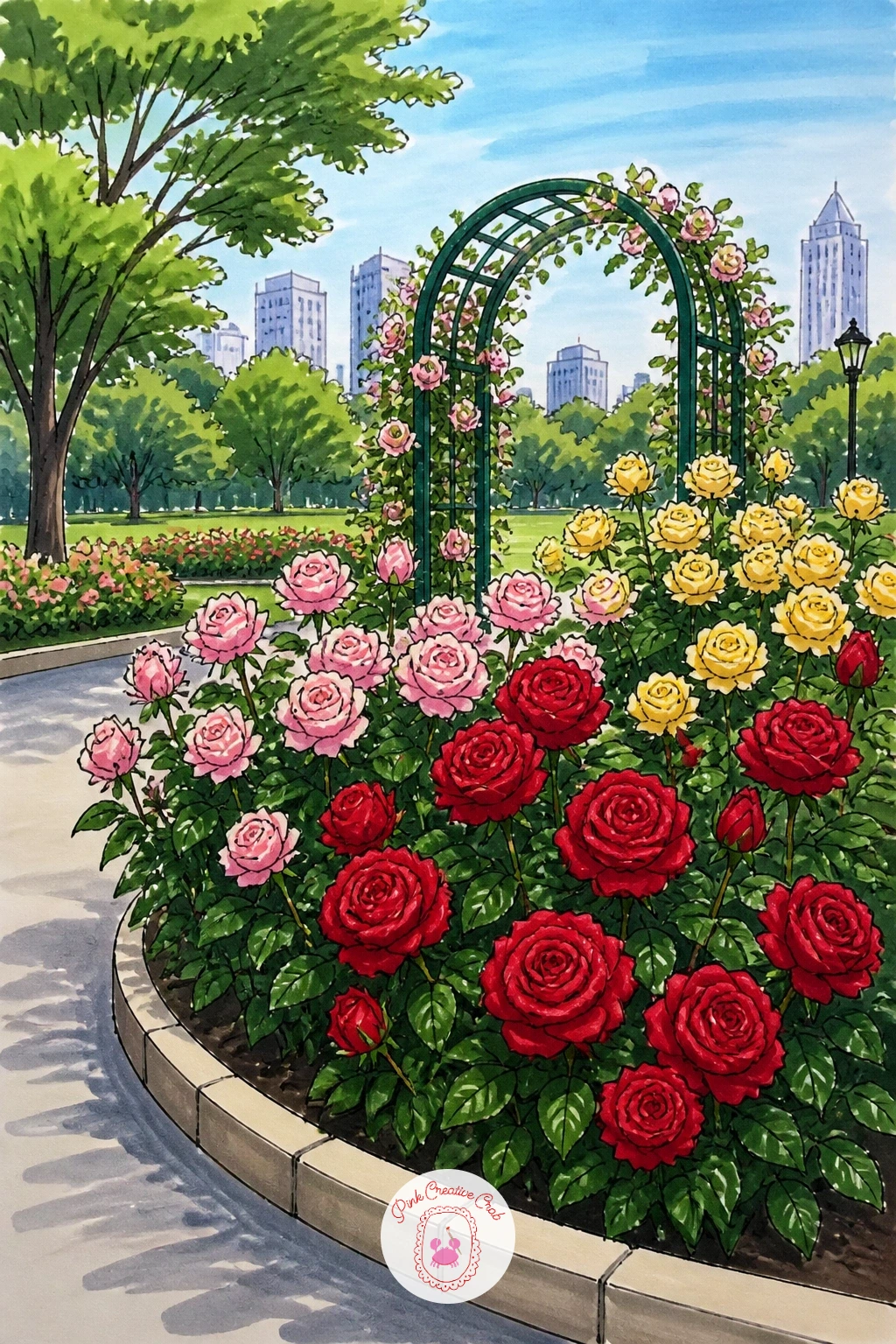 Rose Garden In A City Park — Lay out the rose beds in gentle curved rows rather than straight lines, since curves feel more like a planted garden path. Park