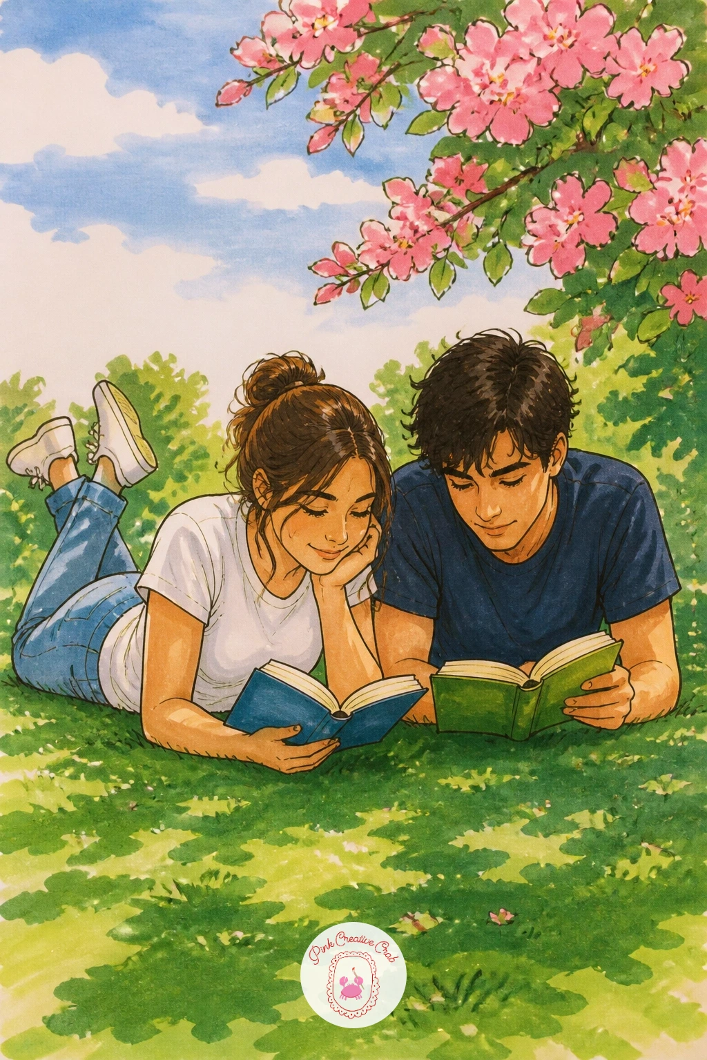 Couple Reading On The Grass — Keep both figures low and relaxed, lying or sitting close together on the grass with books held loosely, since a stiff pose