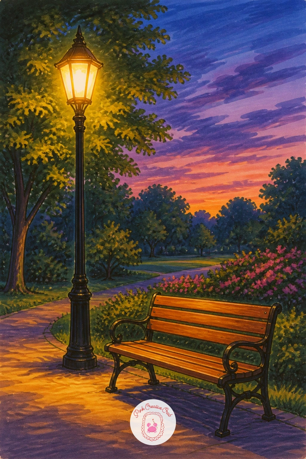 Park Lamppost And A Bench At Dusk — Set the lamppost just off center and let it anchor the whole scene, a tall thin post with a simple glass lantern top, drawn