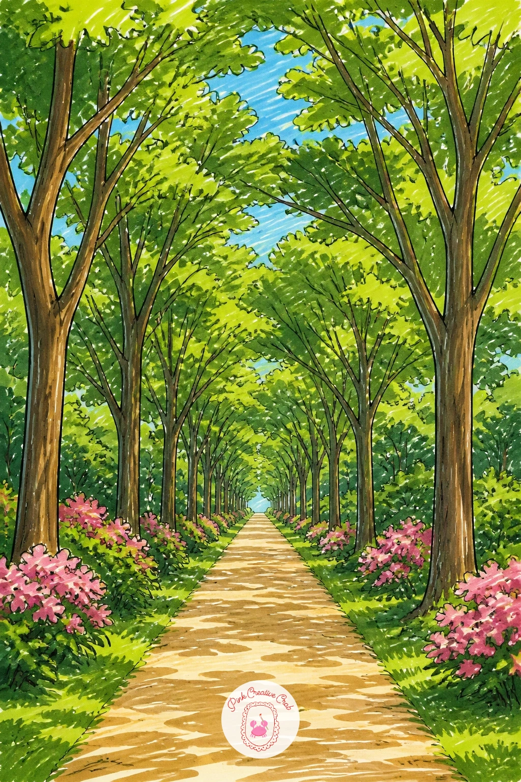 Running Path Under Tall Trees — Let the path lead the eye straight into the page by drawing it as two converging lines narrowing toward a vanishing point