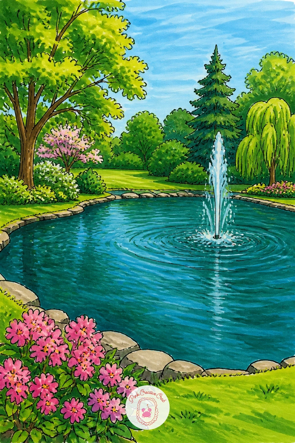 Pond With A Fountain Spray — Unlike the earlier square fountain, give this one a looser, more natural pond setting: draw an irregular pond outline first rather