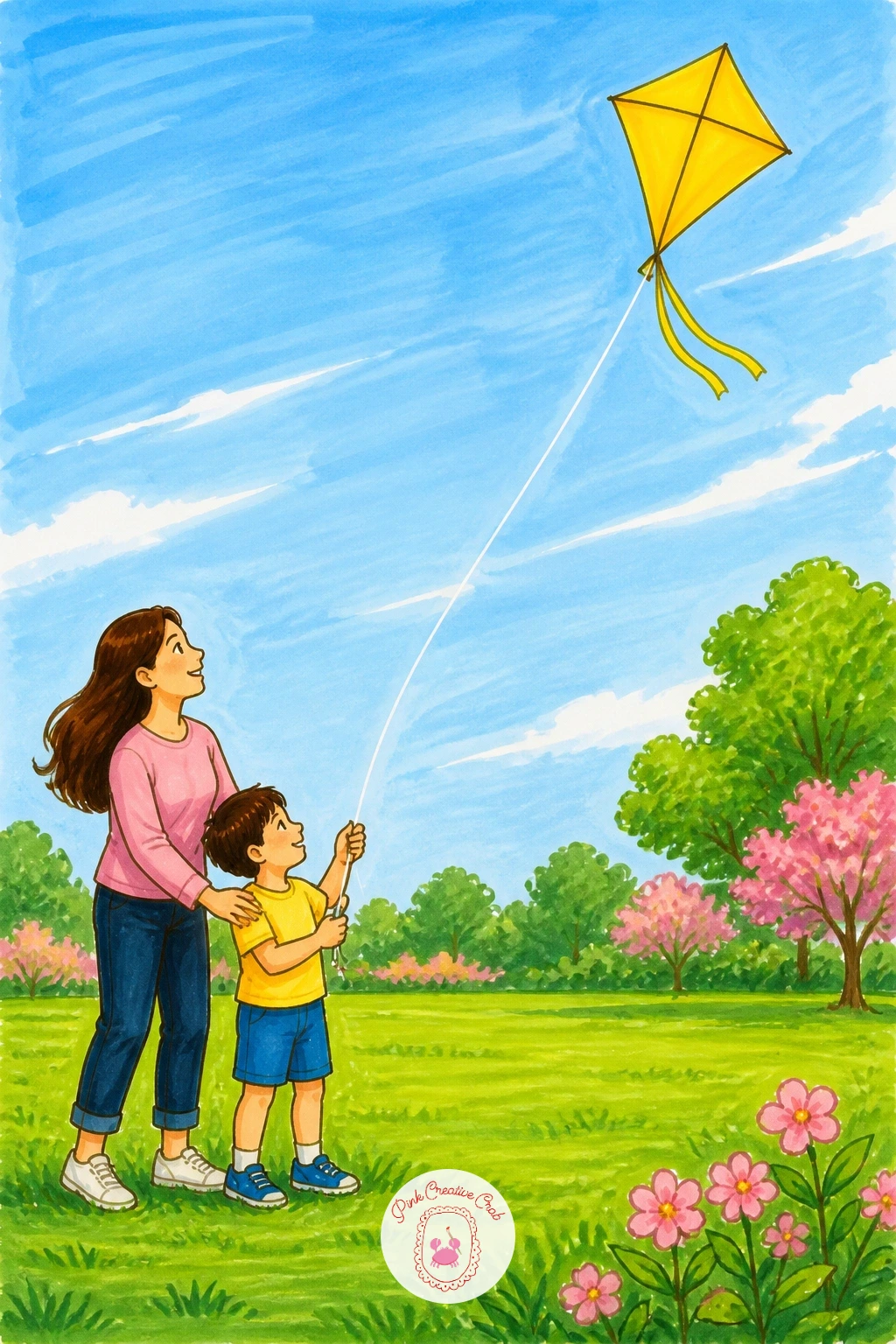 Mother And Child Flying A Kite — Build the two figures first, the mother standing taller with one arm raised holding the string, the child beside her looking