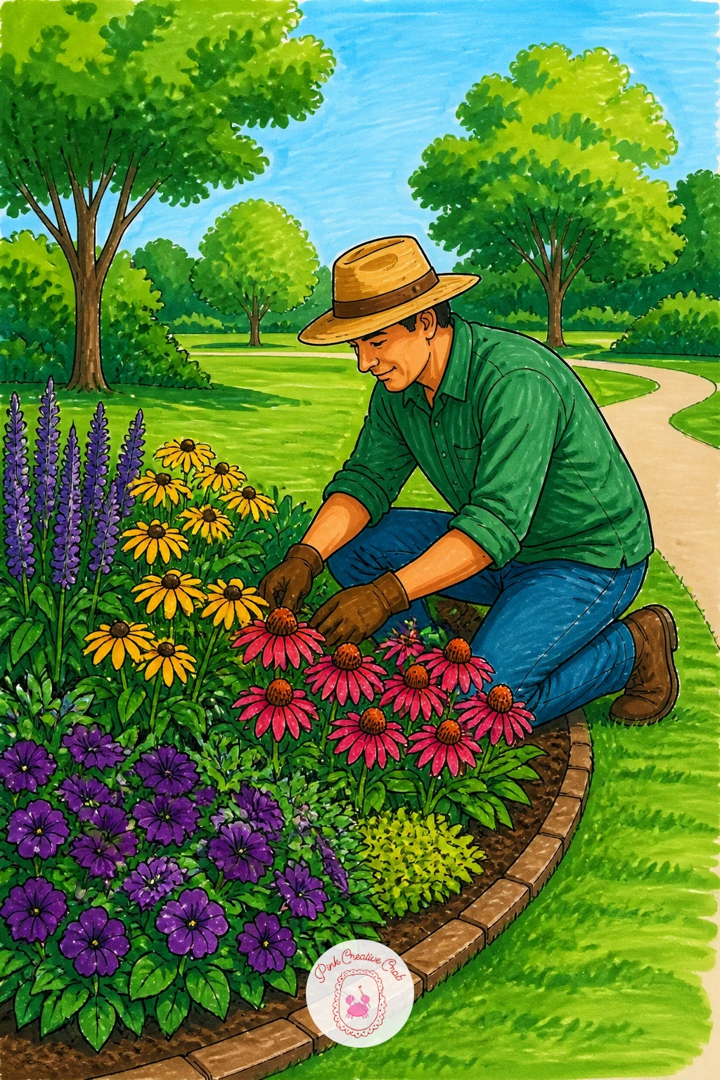 Gardener Tending Flower Beds — Close the set with a quieter working moment: draw the gardener kneeling beside a curved flower bed, one hand reaching toward the