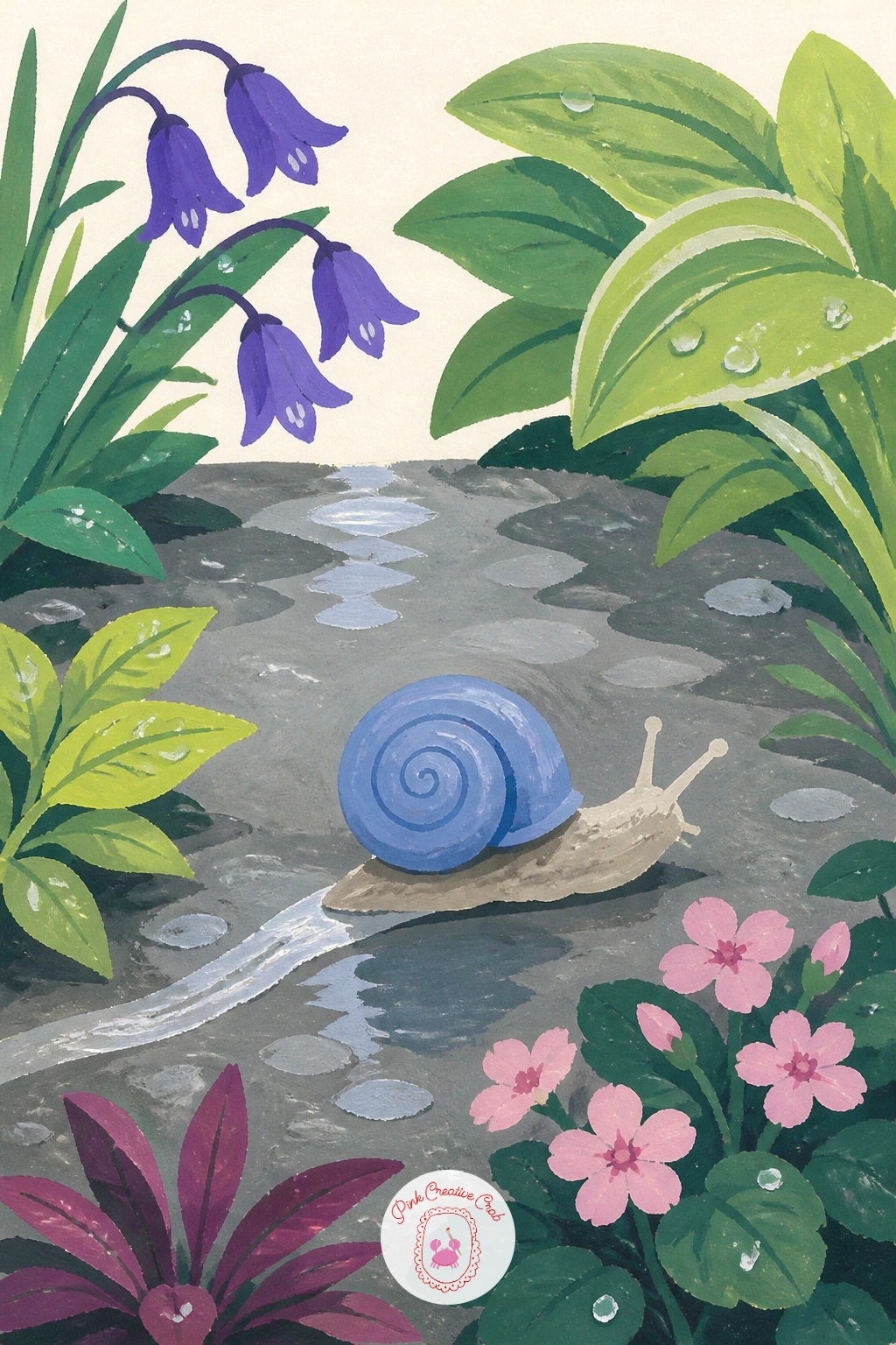 Snail Crossing a Garden Path After Rain — Move from one snail to a whole little path scene with a snail crossing a garden path after rain, a lovely subject for