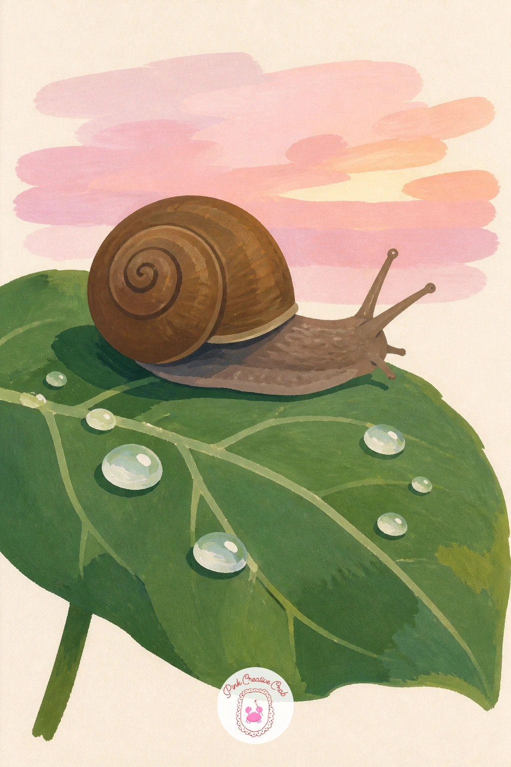 Snail on a Dewy Leaf at Dawn — Bring in some early morning light with a snail on a dewy leaf at dawn, a chance to practice a soft pink glow instead of the