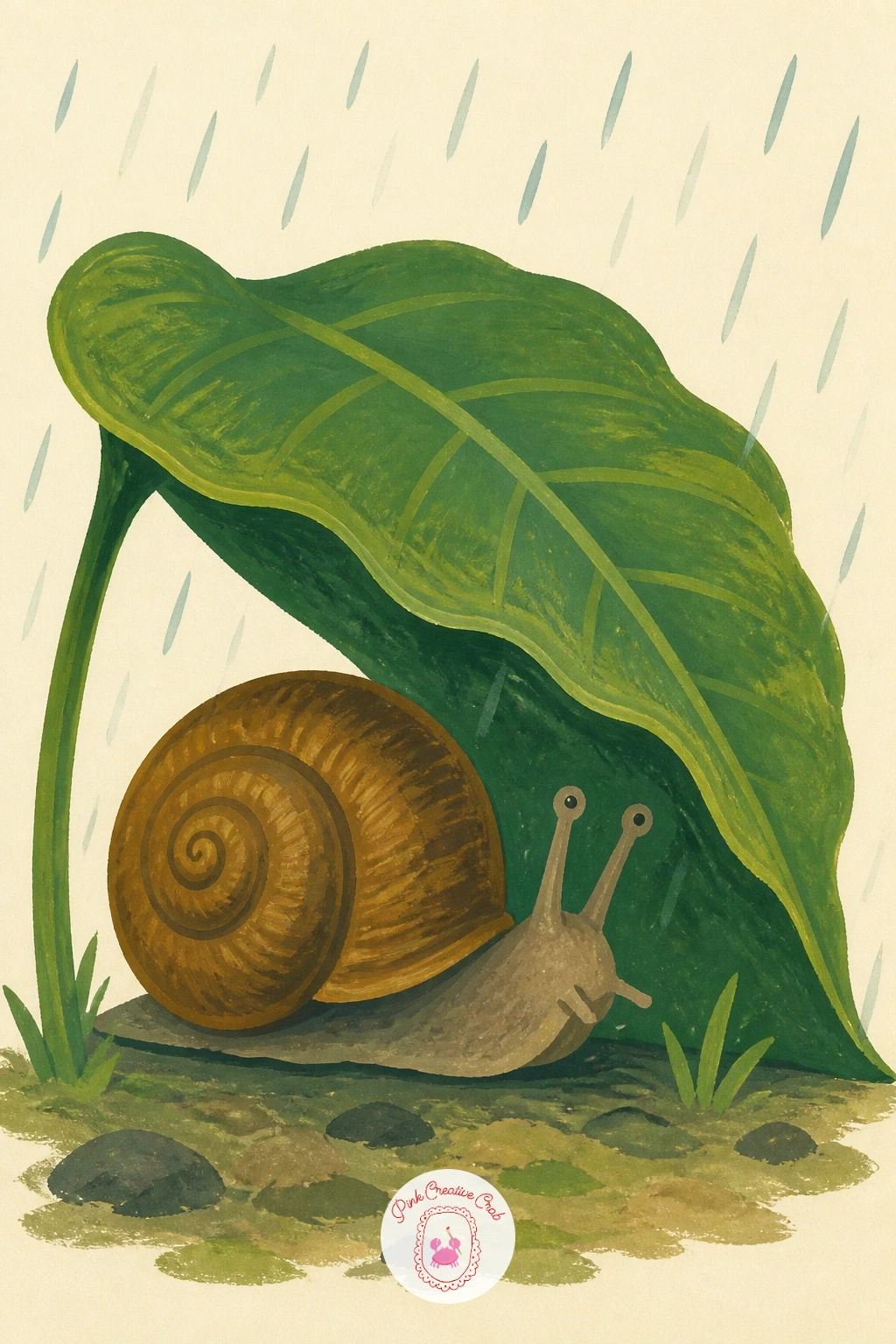 Snail Sheltering Under a Leaf in the Rain — Keep the weather going with a snail sheltering under a leaf in the rain, a cozy companion to the earlier path scene