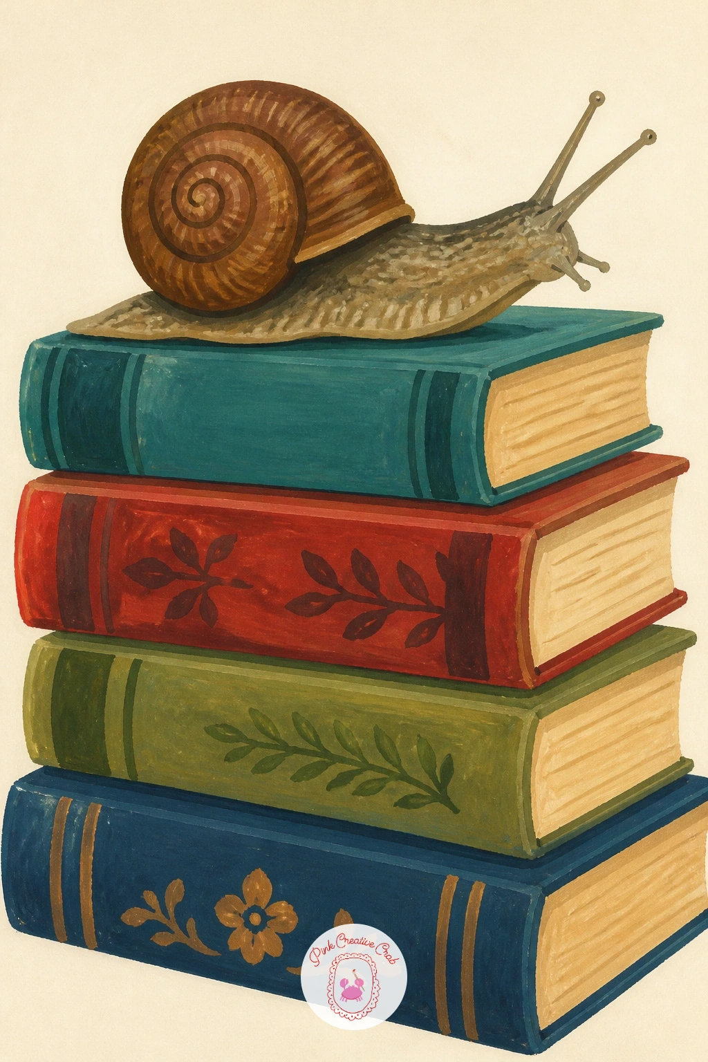 Snail on a Stack of Old Books — Move indoors briefly with a snail on a stack of old books, a quiet little scene for anyone who loves the cottagecore feel of