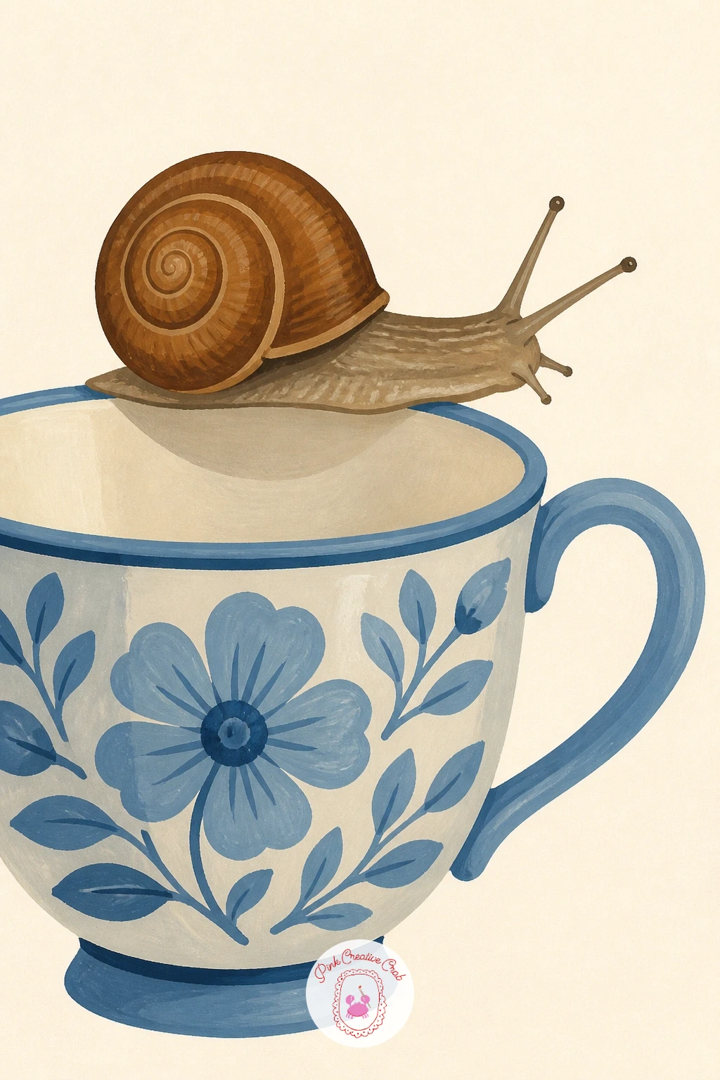 Snail Exploring a Teacup — Bring in a little vintage charm with a snail exploring a teacup, a subject that pairs naturally with the painted still life mood of