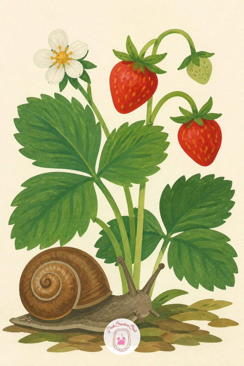 Snail Beside a Wild Strawberry Plant — Return to the garden floor with a snail beside a wild strawberry plant, a gentler companion to the very first idea since