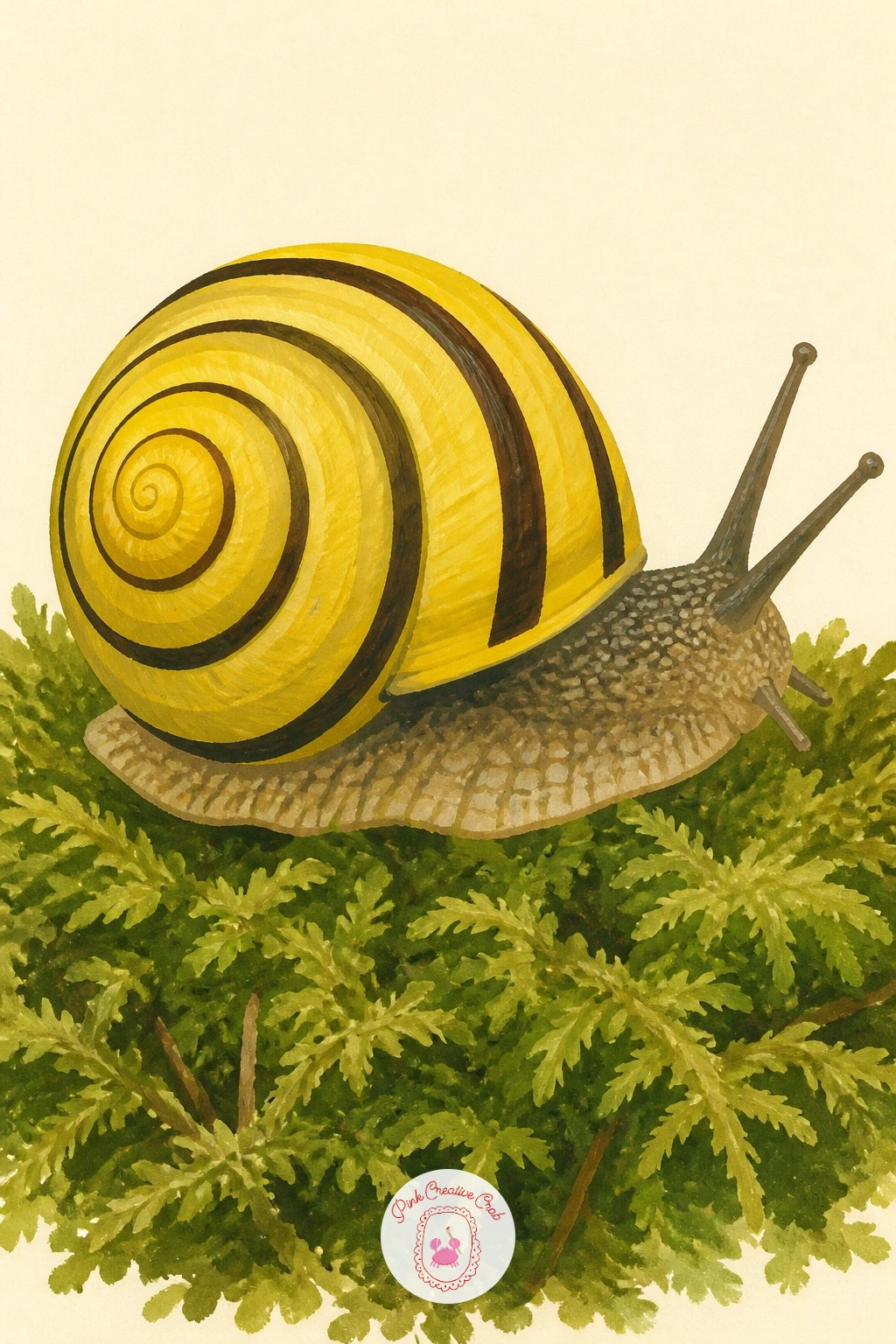Snail With a Striped Yellow Shell on Moss — Pick up the energy again with a snail with a striped yellow shell on moss, a fun pattern exercise after the plain