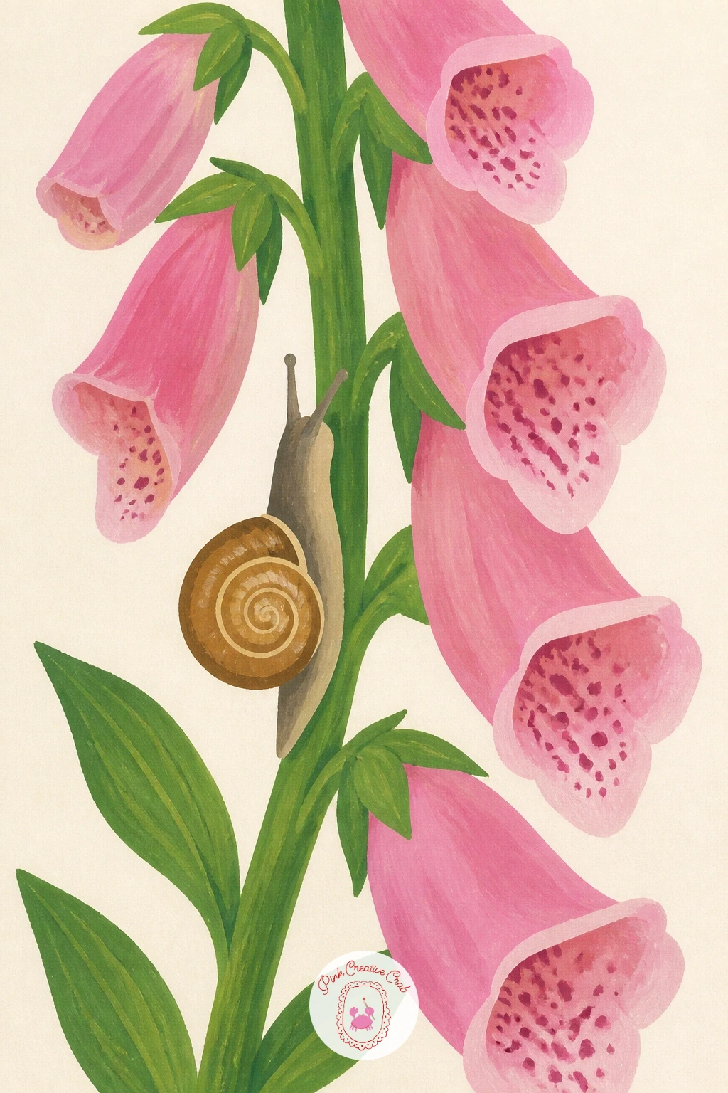 Snail Climbing a Foxglove Stem — Go tall with a snail climbing a foxglove stem, a lovely chance to practice a long vertical shape after so many rounder
