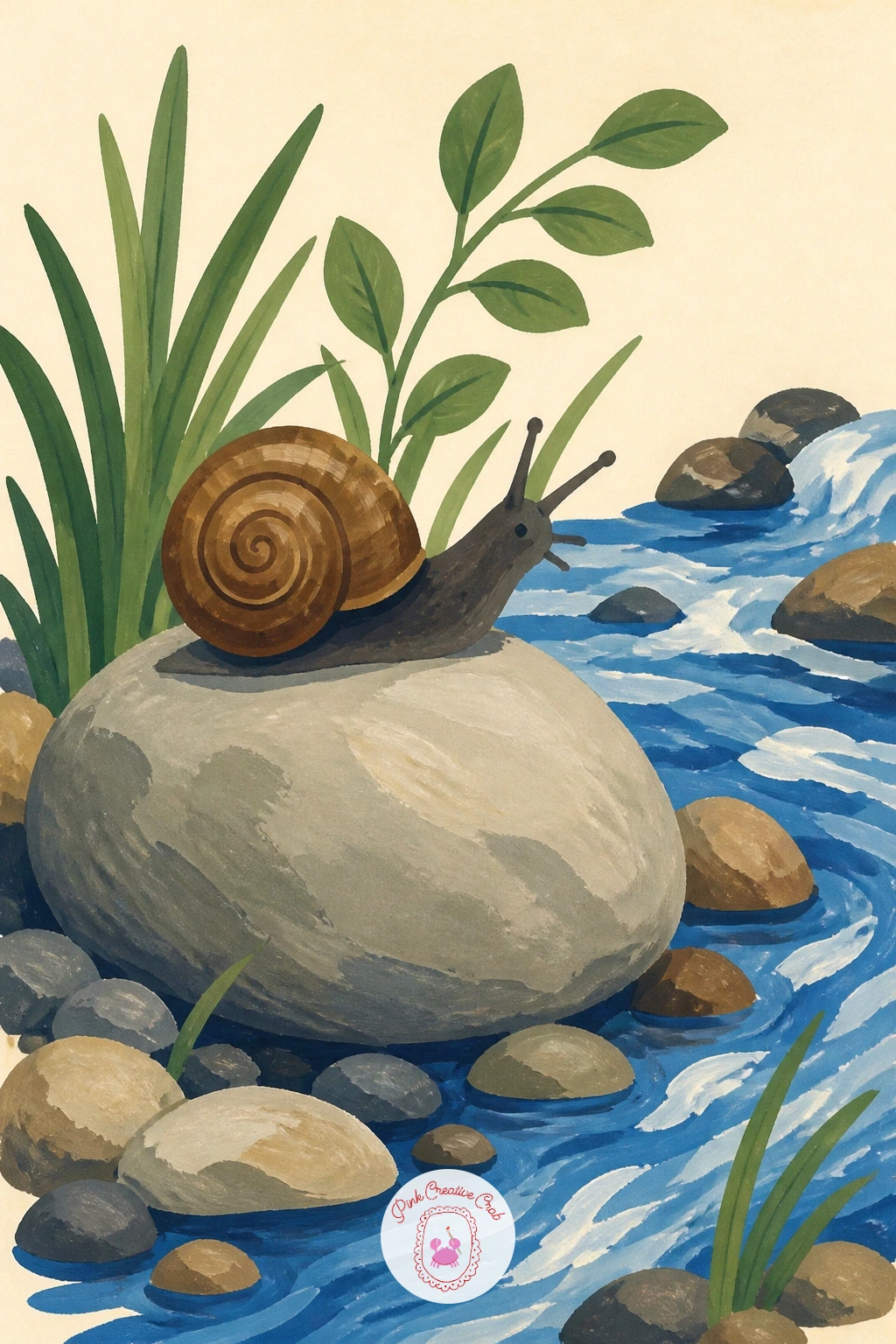 Snail on a Pebble by a Stream — Move to the water's edge with a snail on a pebble by a stream, a calmer landscape moment with just enough background to feel