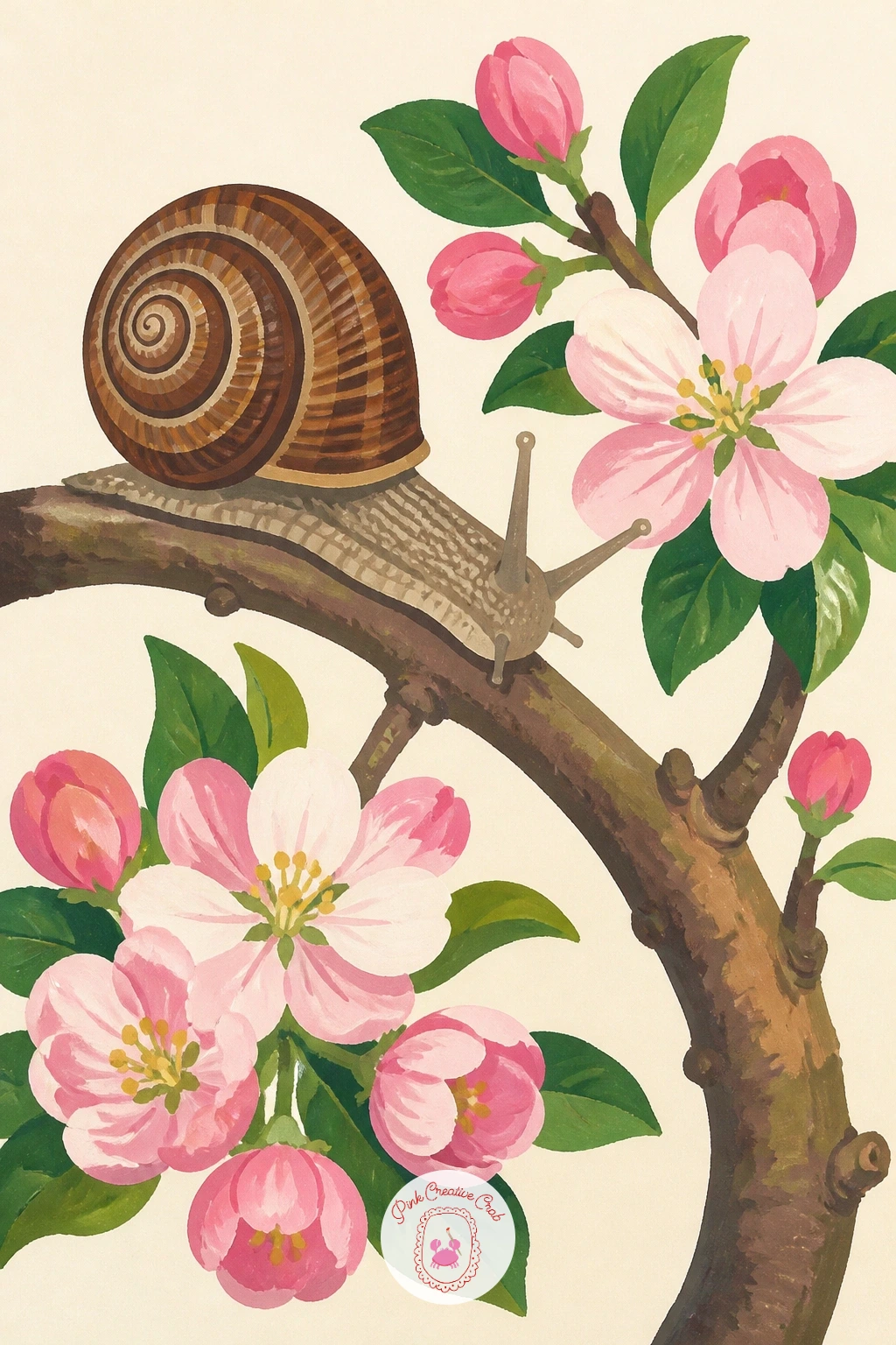Snail on a Blossoming Apple Twig — Bring spring back in with a snail on a blossoming apple twig, a pretty subject that pairs a thin woody branch with soft