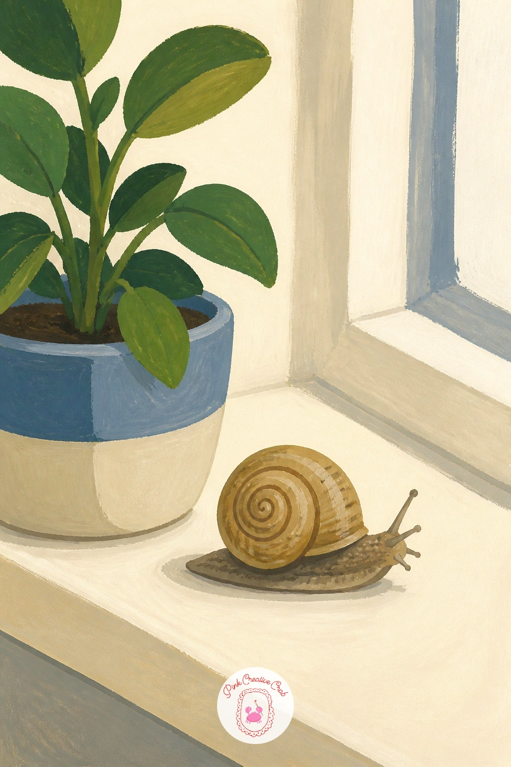 Snail on a Windowsill Beside a Plant — Bring the garden indoors for a moment with a snail on a windowsill beside a plant, a cozy little interior scene that