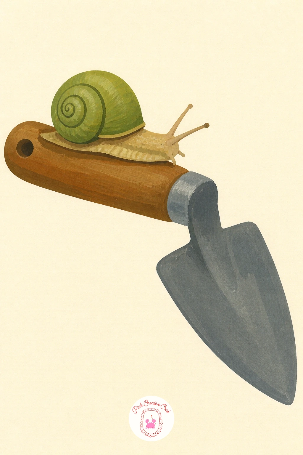 Snail on a Garden Trowel Handle — Return to the tool shed one more time with a snail on a garden trowel handle, a nice echo of the earlier glove idea but with