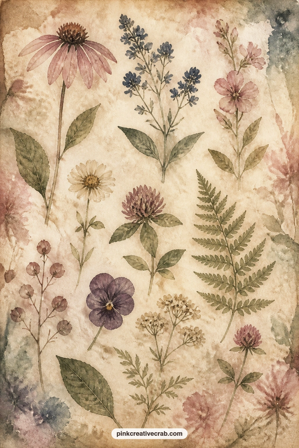 Herbarium Pressed Flowers Page printable page — Glue a real pressed flower or leaf straight onto this page, or tuck one into a vellum pocket beside the painted