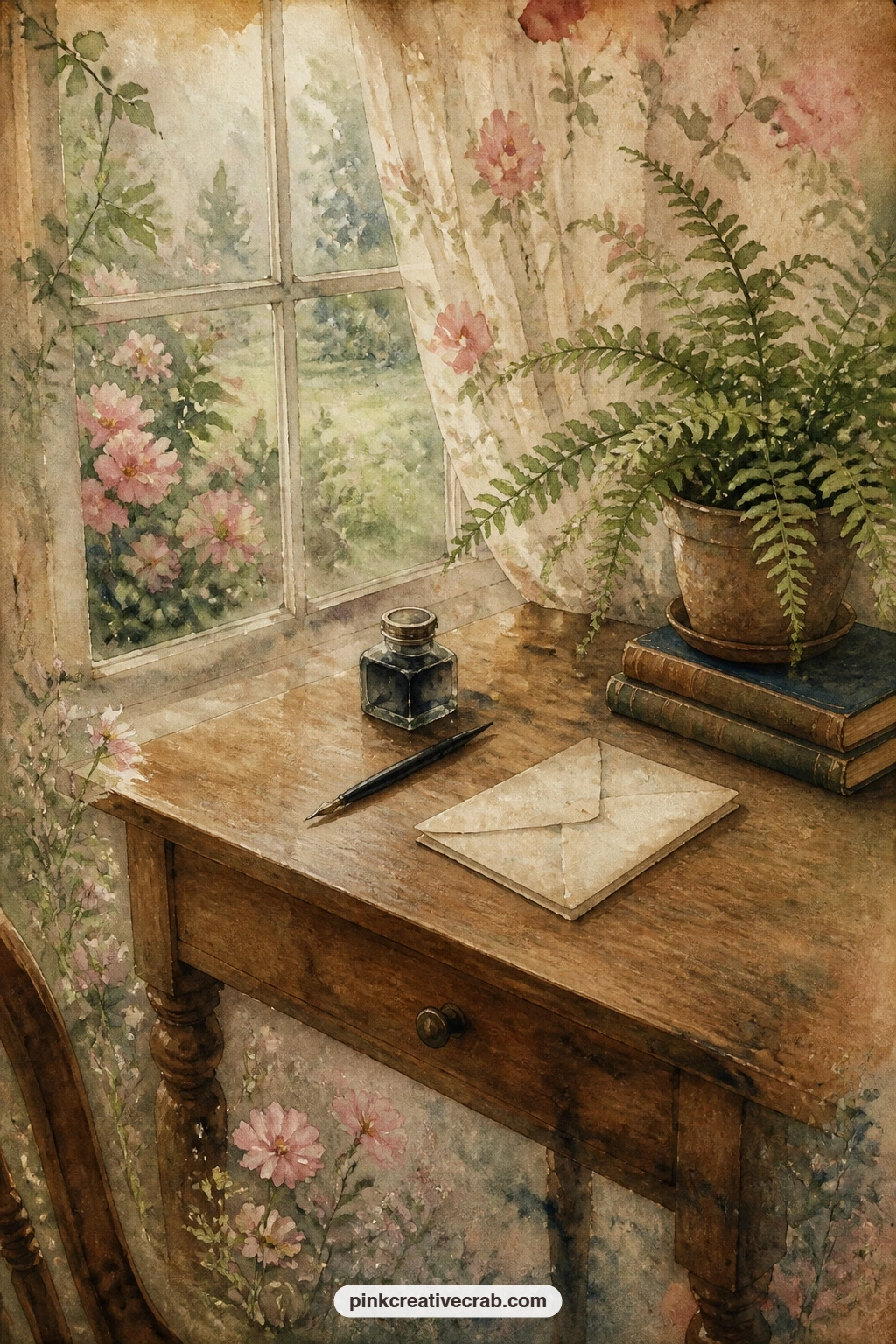 Writing Table By The Window printable page — Pair this page with the faded handwriting texture background from this set, laying the writing table scene over a